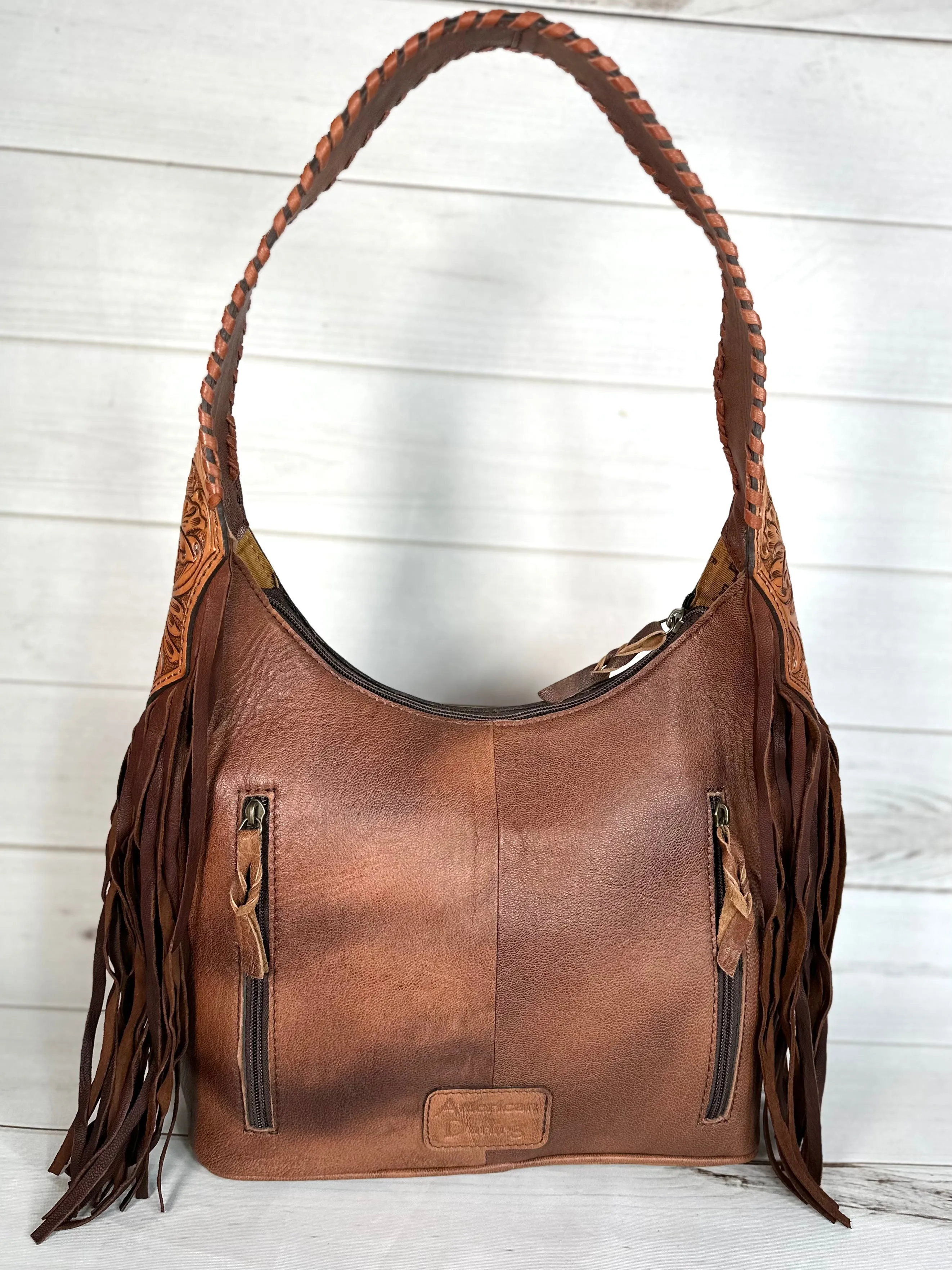 Light Leather Floral Tooled Hobo Fringe Handbag