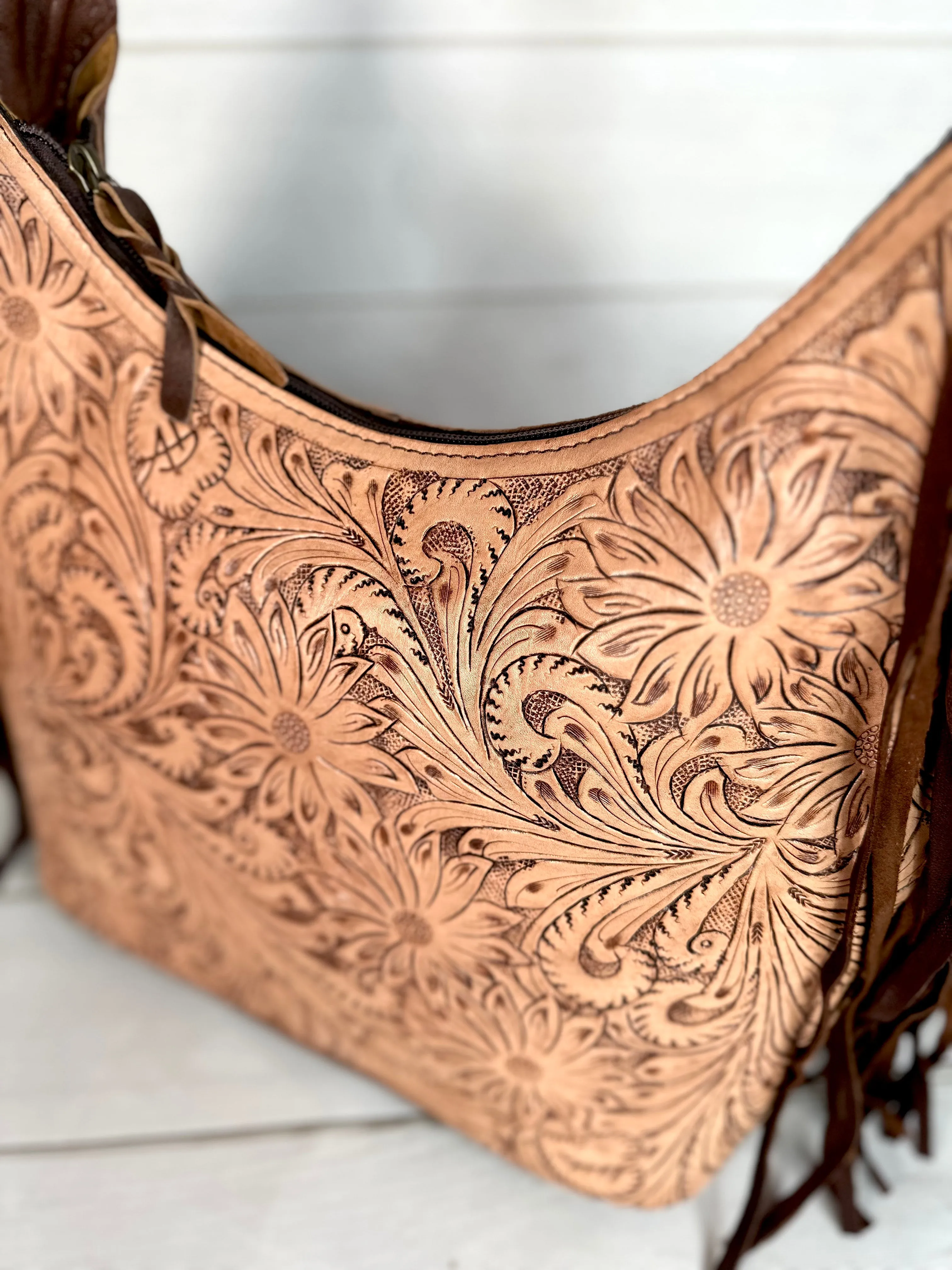 Light Leather Floral Tooled Hobo Fringe Handbag