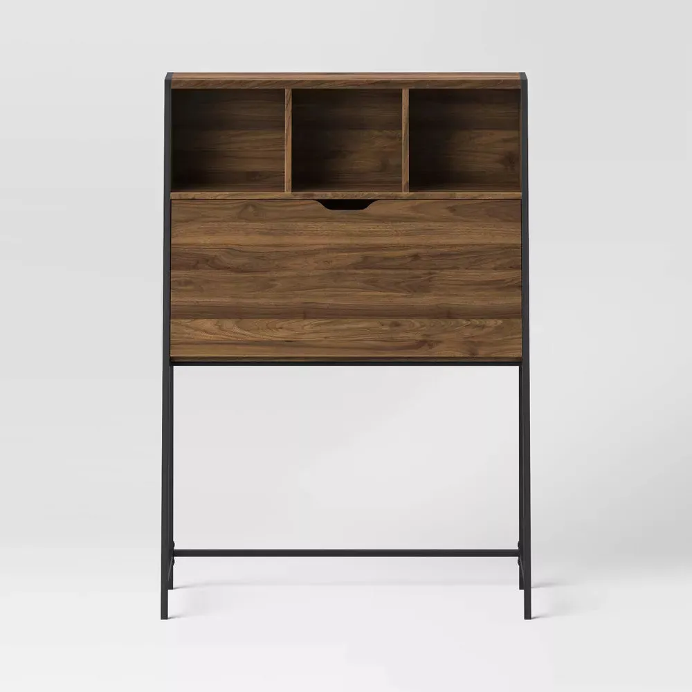Loring Secretary Desk with Hutch and Charging Station Walnut - Threshold: Home Office Furniture, Writing Space - new