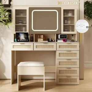 Makeup Table with LED Mirror, Power Outlet, Drawers, and Shelves