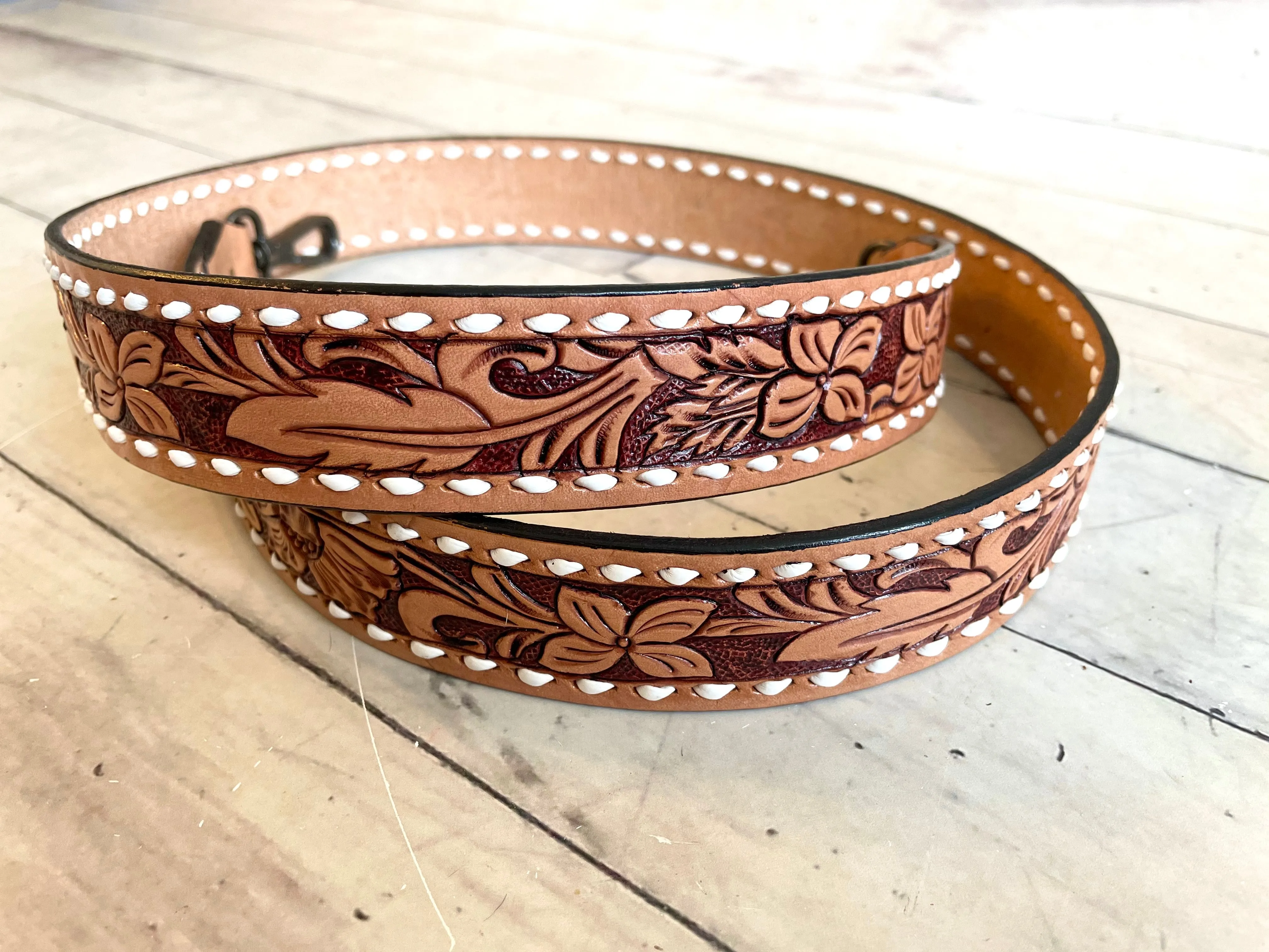 Medium / Light Leather Tooled Handbag Strap with White Buckstitch