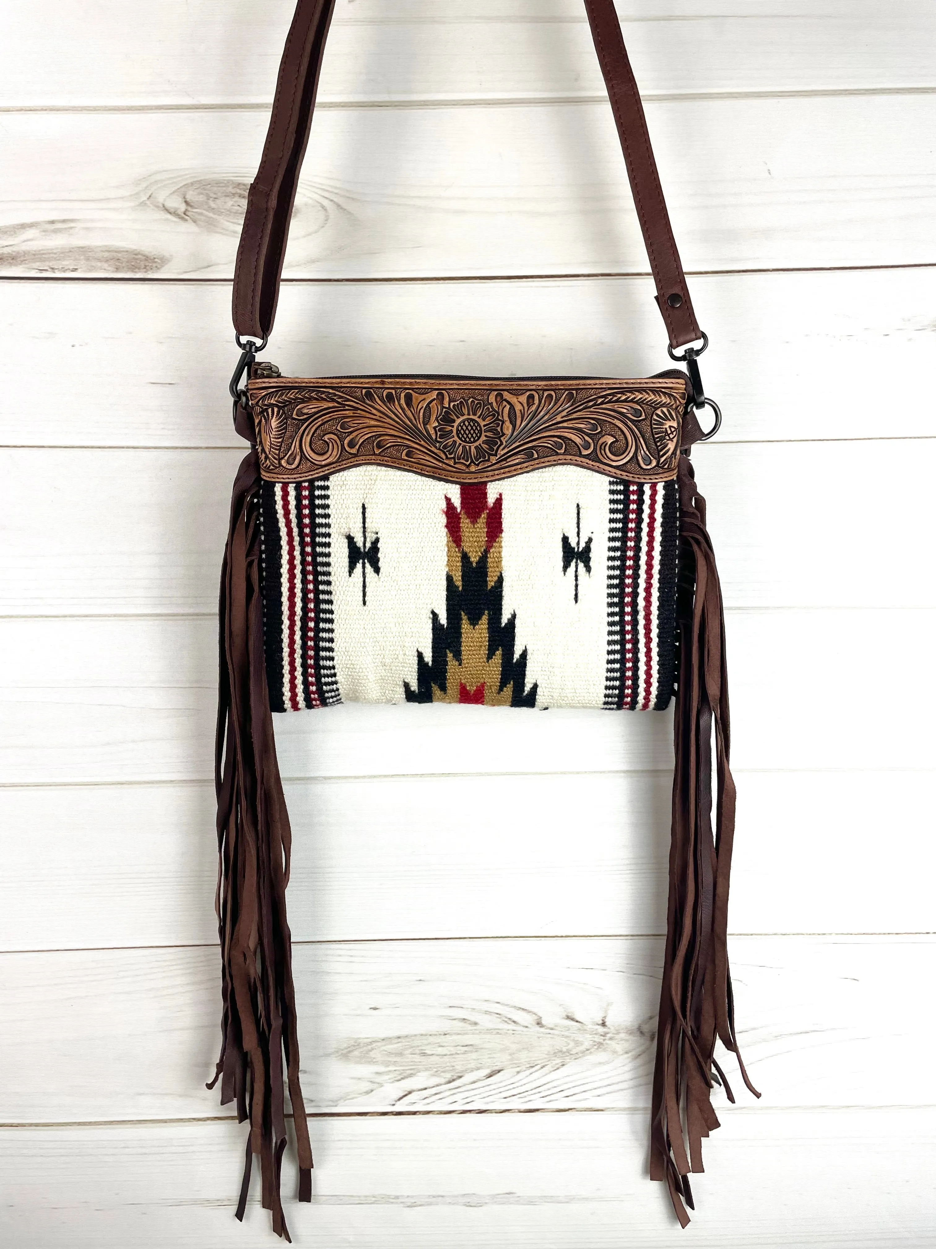 Mohave Cream Pattern Wool Leather Fringe Medium Size Bag