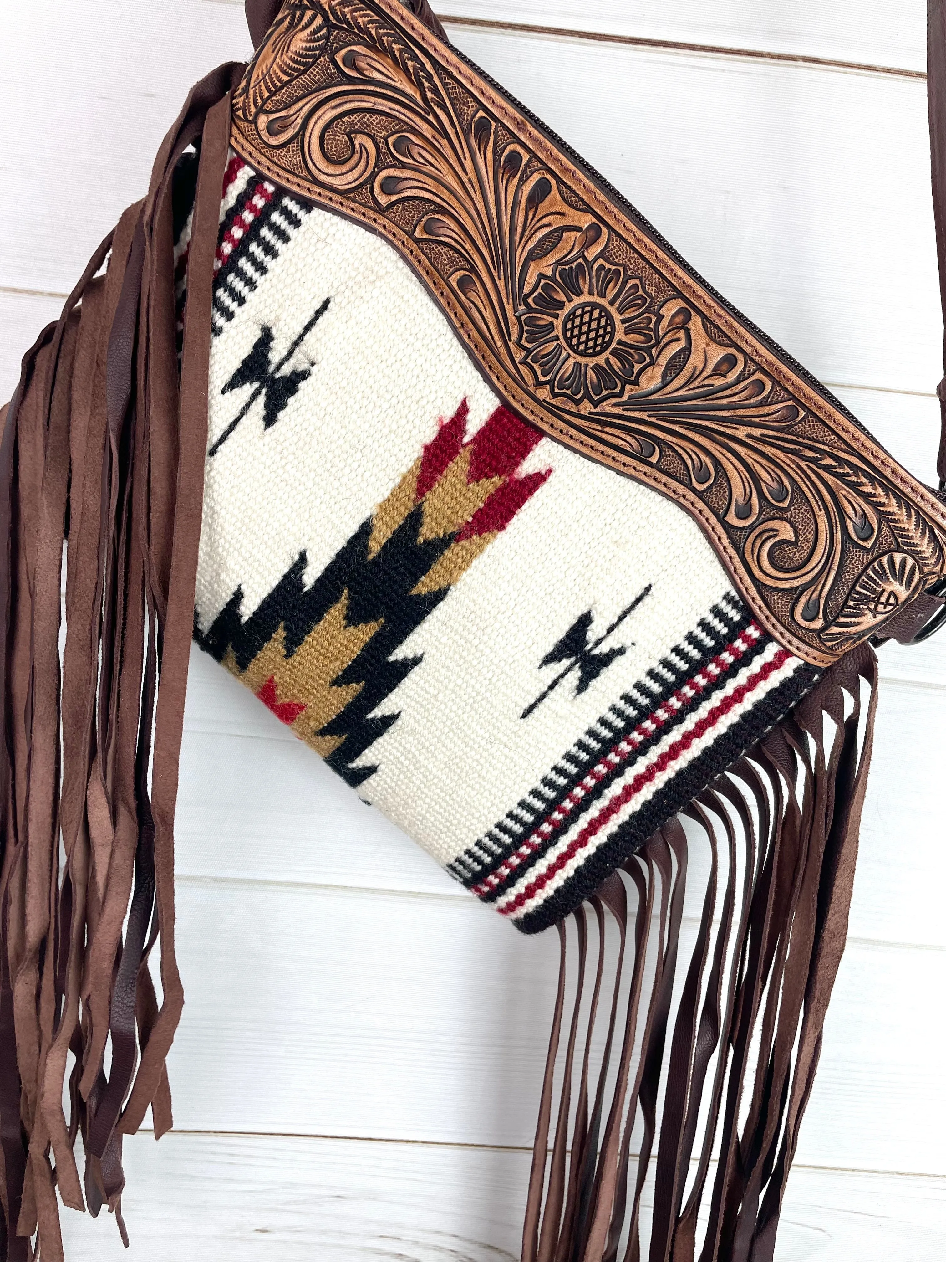 Mohave Cream Pattern Wool Leather Fringe Medium Size Bag