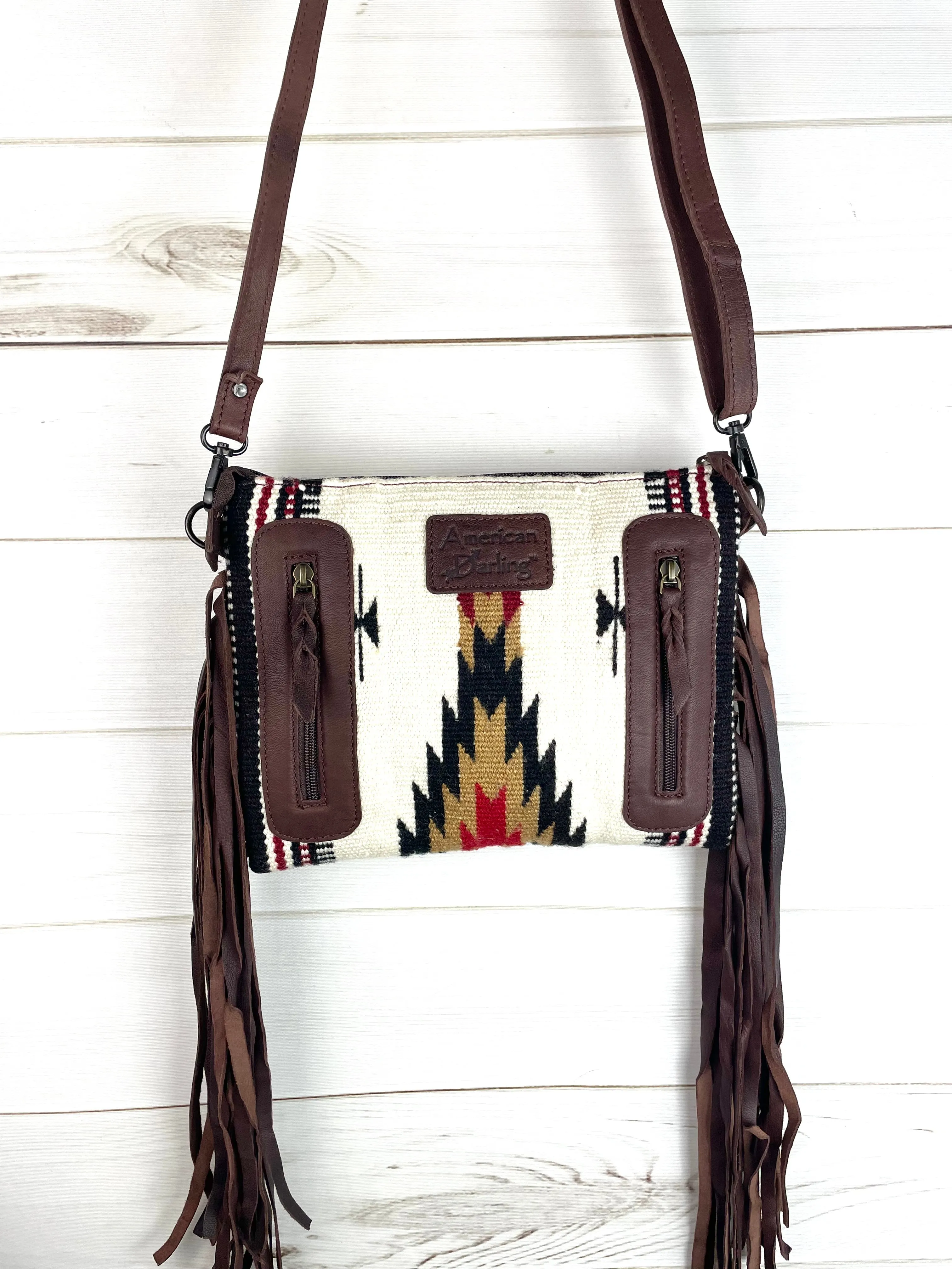 Mohave Cream Pattern Wool Leather Fringe Medium Size Bag