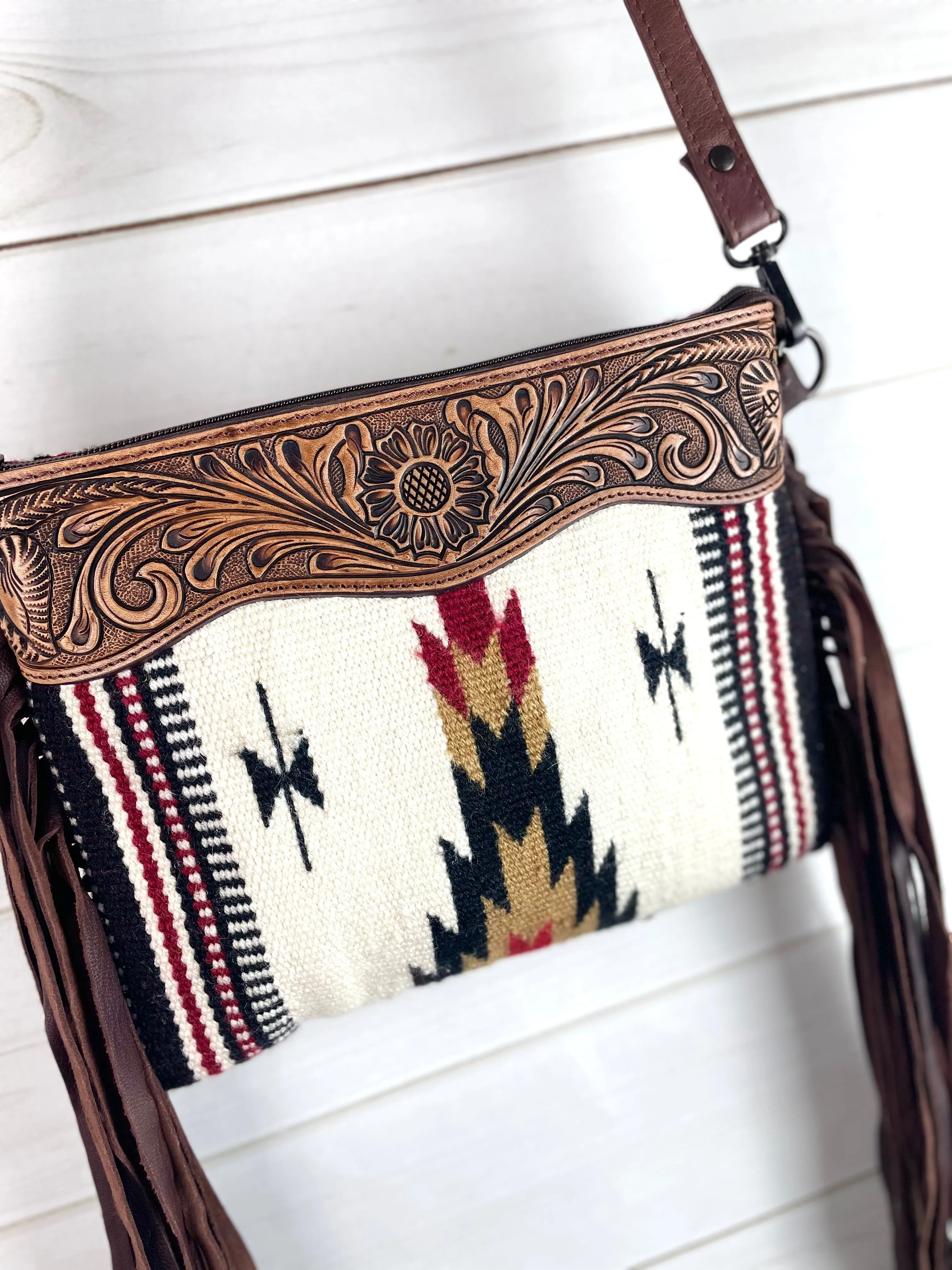 Mohave Cream Pattern Wool Leather Fringe Medium Size Bag