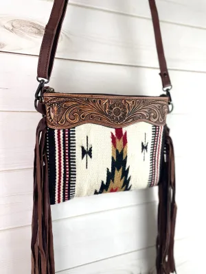 Mohave Cream Pattern Wool Leather Fringe Medium Size Bag