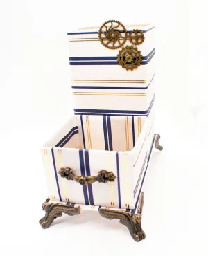 Navy Blue & Gold Nautical Stripes Desktop Organizer for Pens and Clips w/Metal Gears Accent