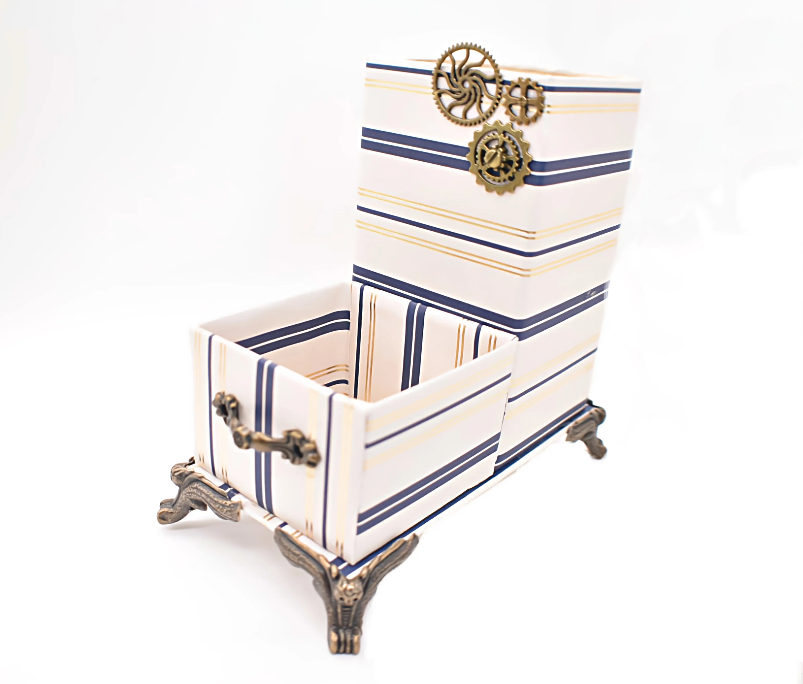 Navy Blue & Gold Nautical Stripes Desktop Organizer for Pens and Clips w/Metal Gears Accent