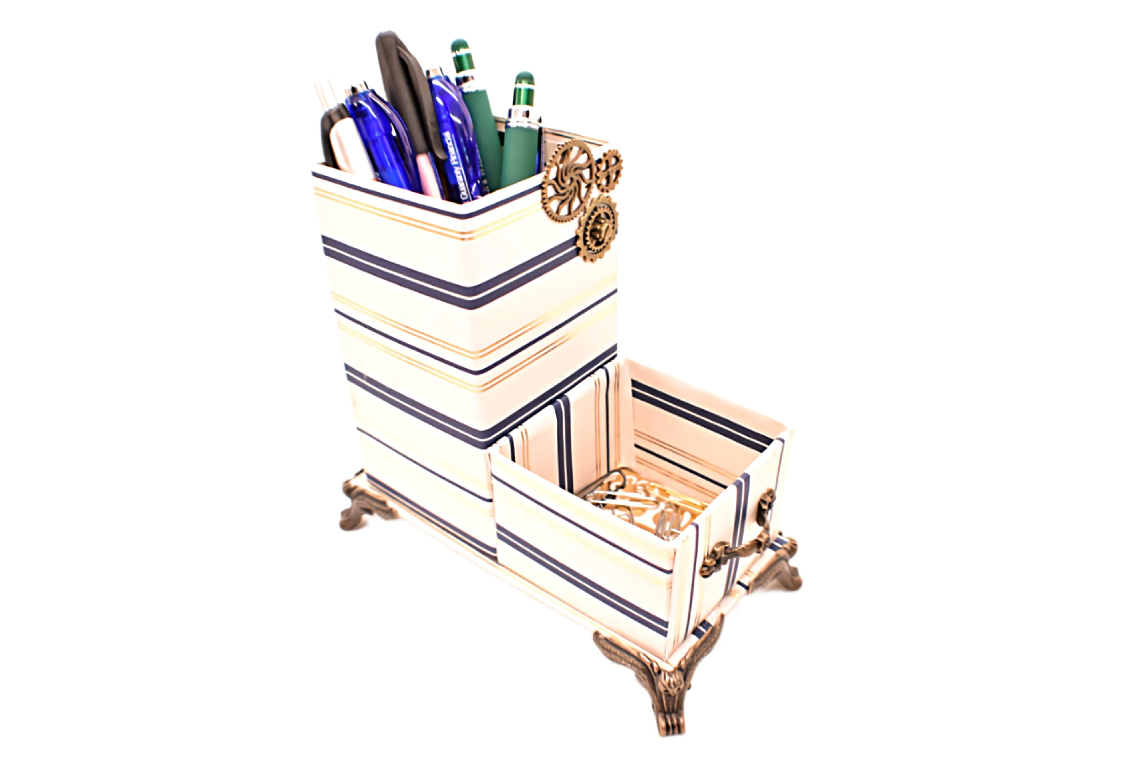 Navy Blue & Gold Nautical Stripes Desktop Organizer for Pens and Clips w/Metal Gears Accent