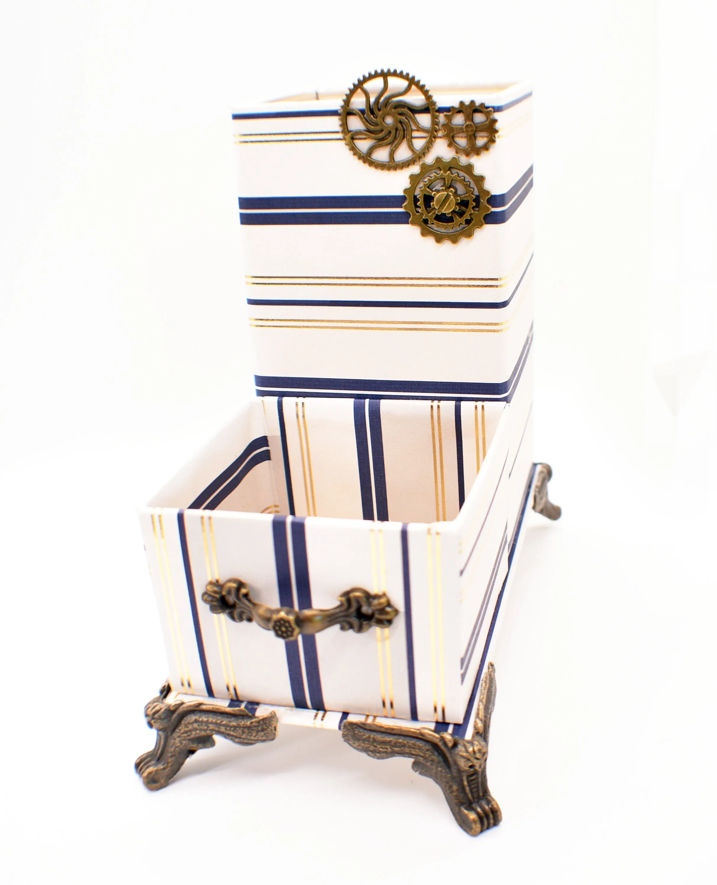 Navy Blue & Gold Nautical Stripes Desktop Organizer for Pens and Clips w/Metal Gears Accent