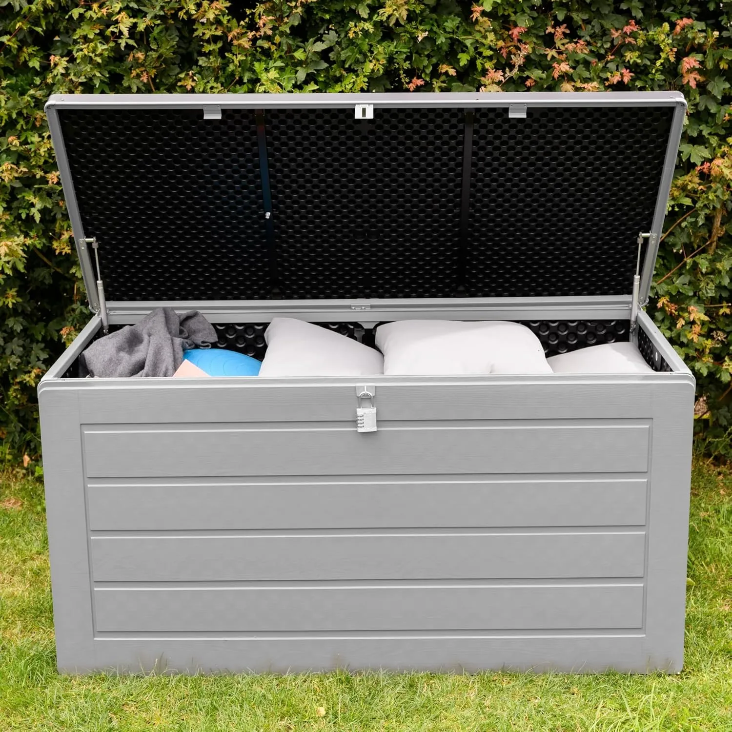Olsen & Smith 680L MASSIVE Capacity Outdoor Garden Storage Box Plastic Shed - Weatherproof & Sit On with Wood Effect Chest