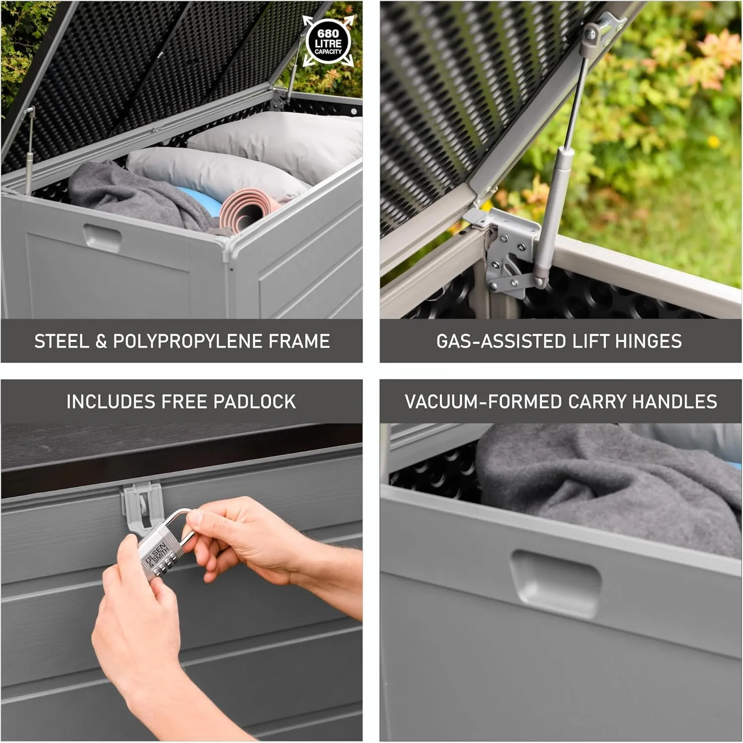 Olsen & Smith 680L MASSIVE Capacity Outdoor Garden Storage Box Plastic Shed - Weatherproof & Sit On with Wood Effect Chest