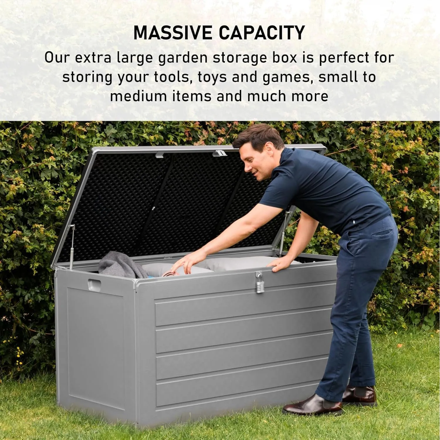 Olsen & Smith 680L MASSIVE Capacity Outdoor Garden Storage Box Plastic Shed - Weatherproof & Sit On with Wood Effect Chest