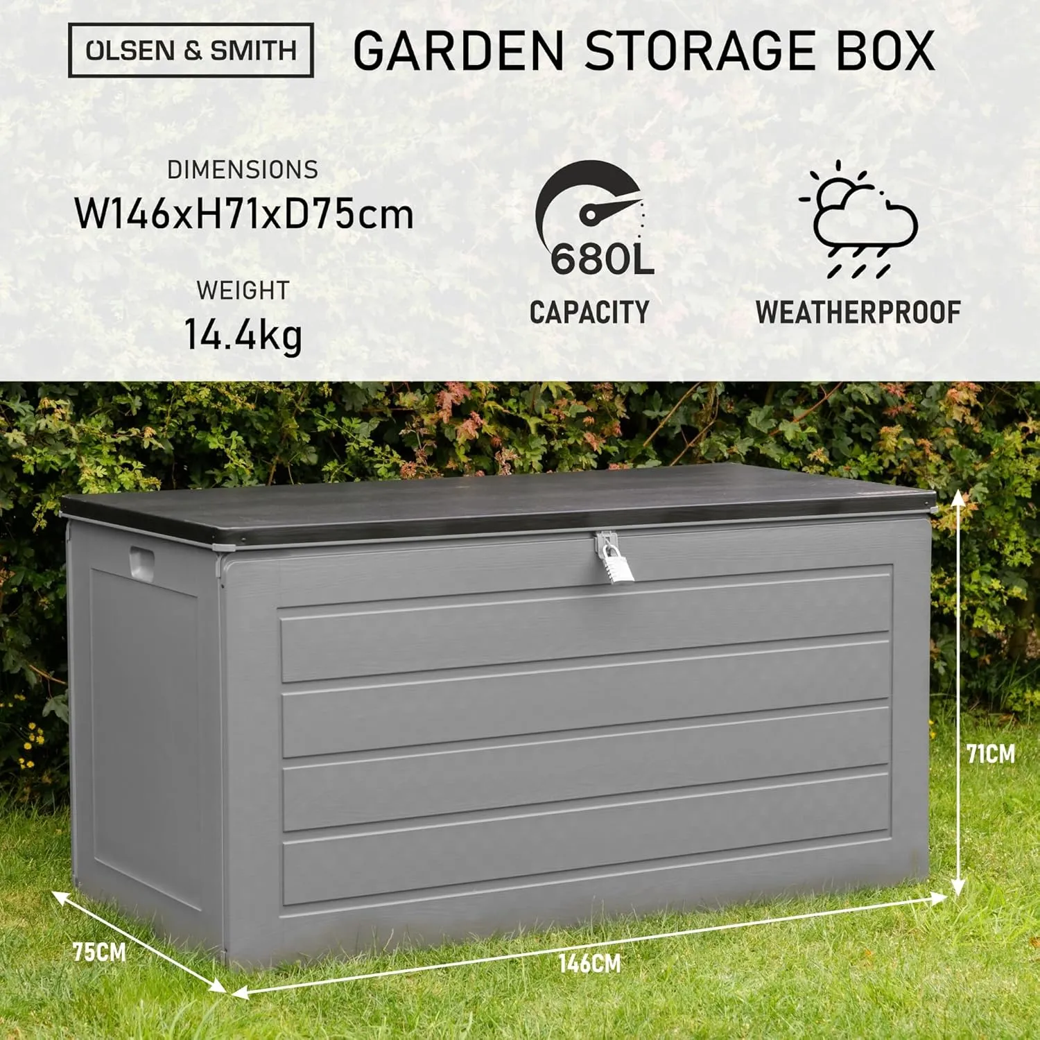Olsen & Smith 680L MASSIVE Capacity Outdoor Garden Storage Box Plastic Shed - Weatherproof & Sit On with Wood Effect Chest
