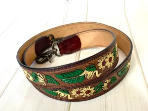 Painted Yellow Daisy Leaves Tooled Leather Handbag Strap
