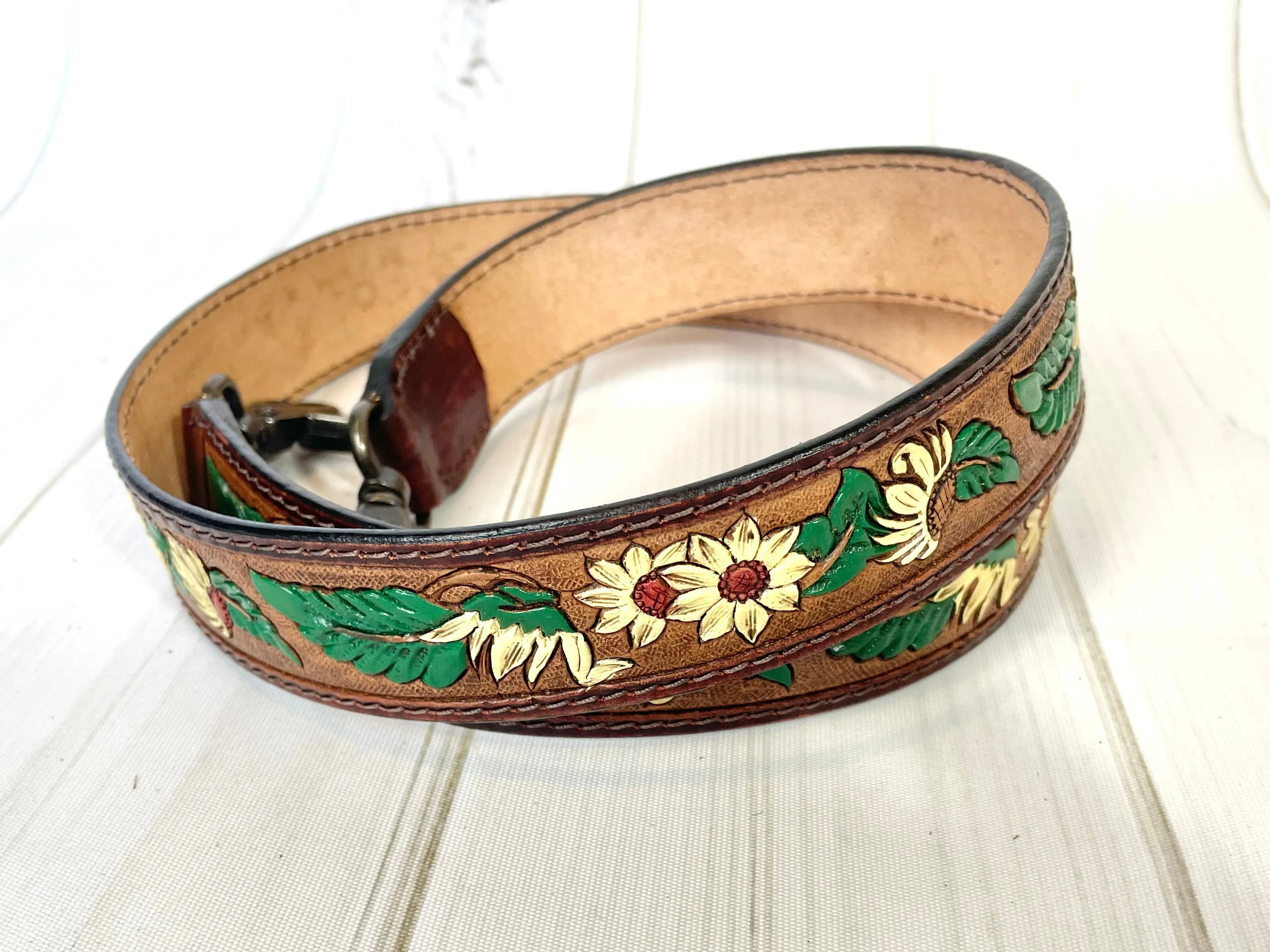 Painted Yellow Daisy Leaves Tooled Leather Handbag Strap