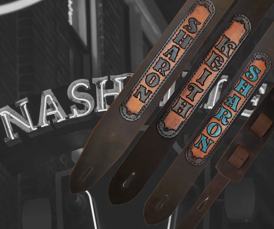 "Country on" Distressed Brown Leather Guitar Strap / Custom Name Patch