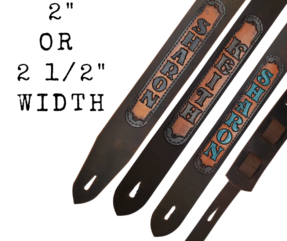 "Country on" Distressed Brown Leather Guitar Strap / Custom Name Patch