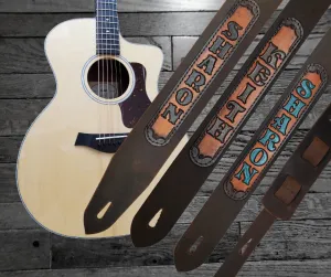 "Country on" Distressed Brown Leather Guitar Strap / Custom Name Patch