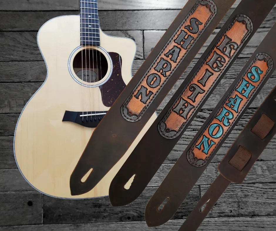 "Country on" Distressed Brown Leather Guitar Strap / Custom Name Patch