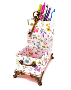 Spring Flowers Bouquet Desktop Organizer for Pens and Clips w/Antique Key Accent