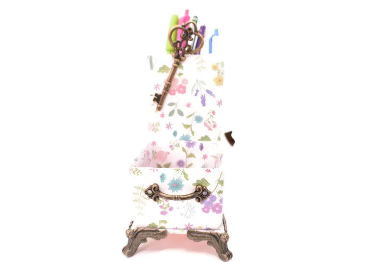 Spring Flowers Bouquet Desktop Organizer for Pens and Clips w/Antique Key Accent