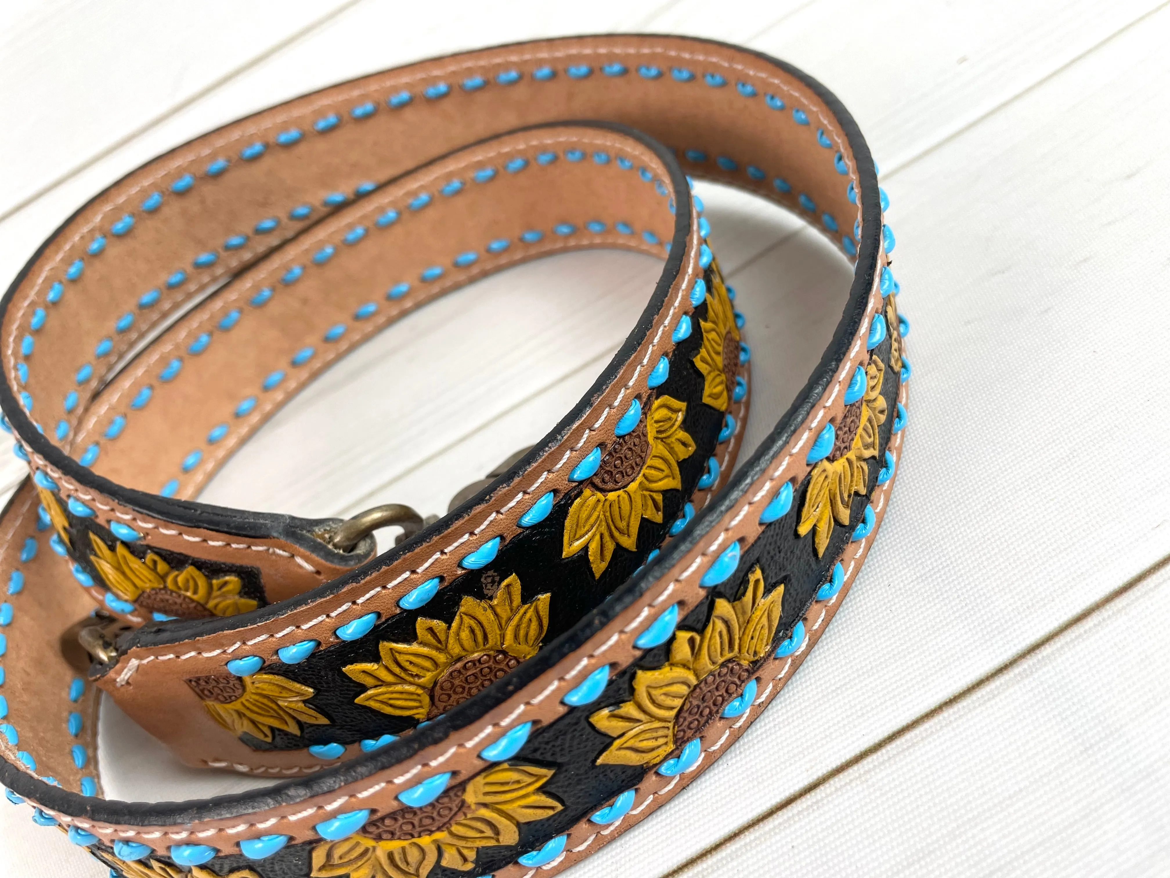 Sunflower Blue Buckstitch Leather Handbag Strap