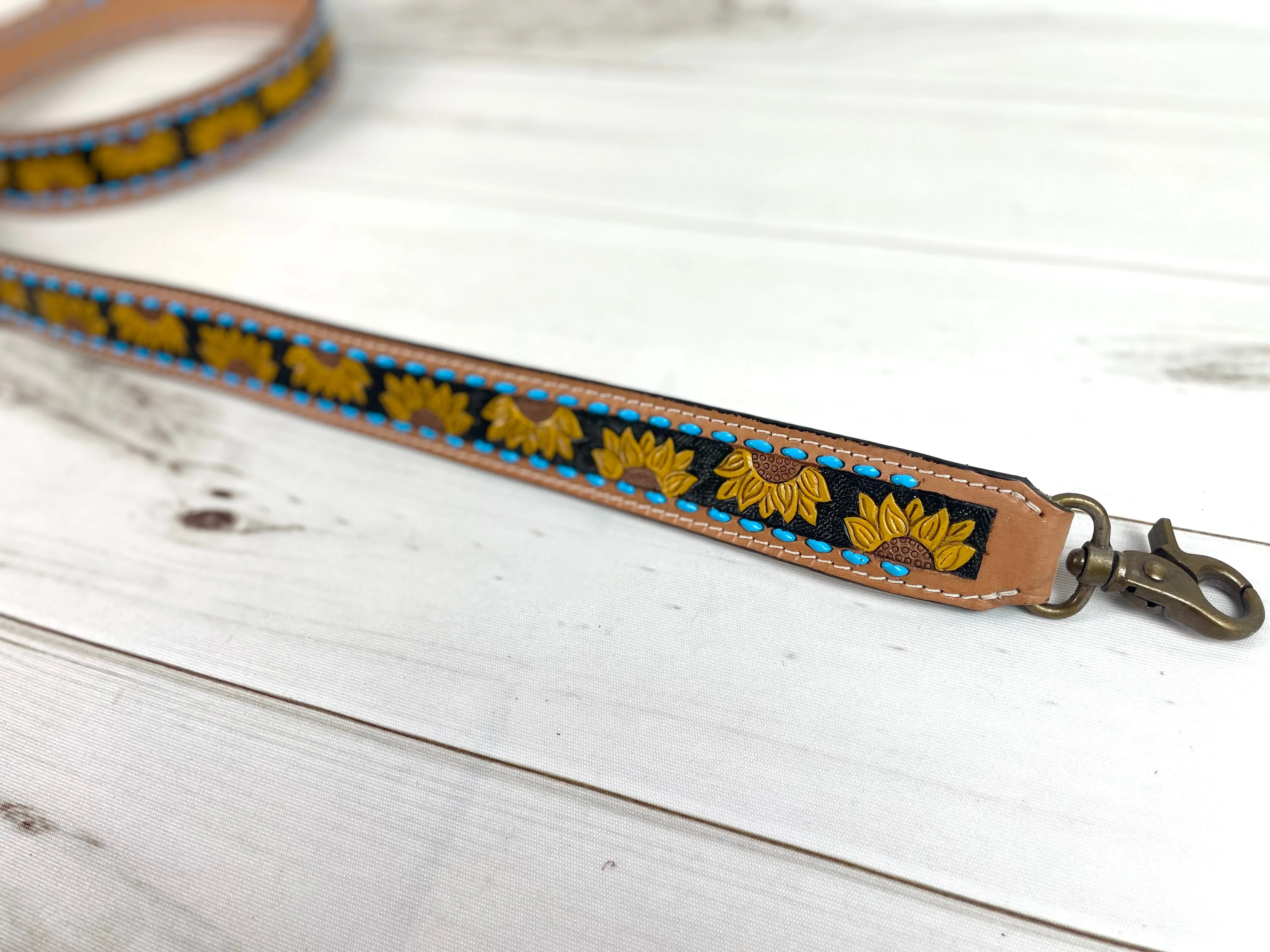 Sunflower Blue Buckstitch Leather Handbag Strap