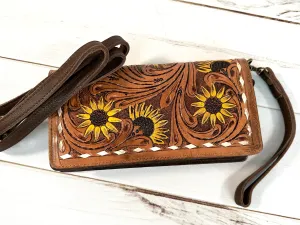 Sunflower Tooled and Painted Carryall Wallet