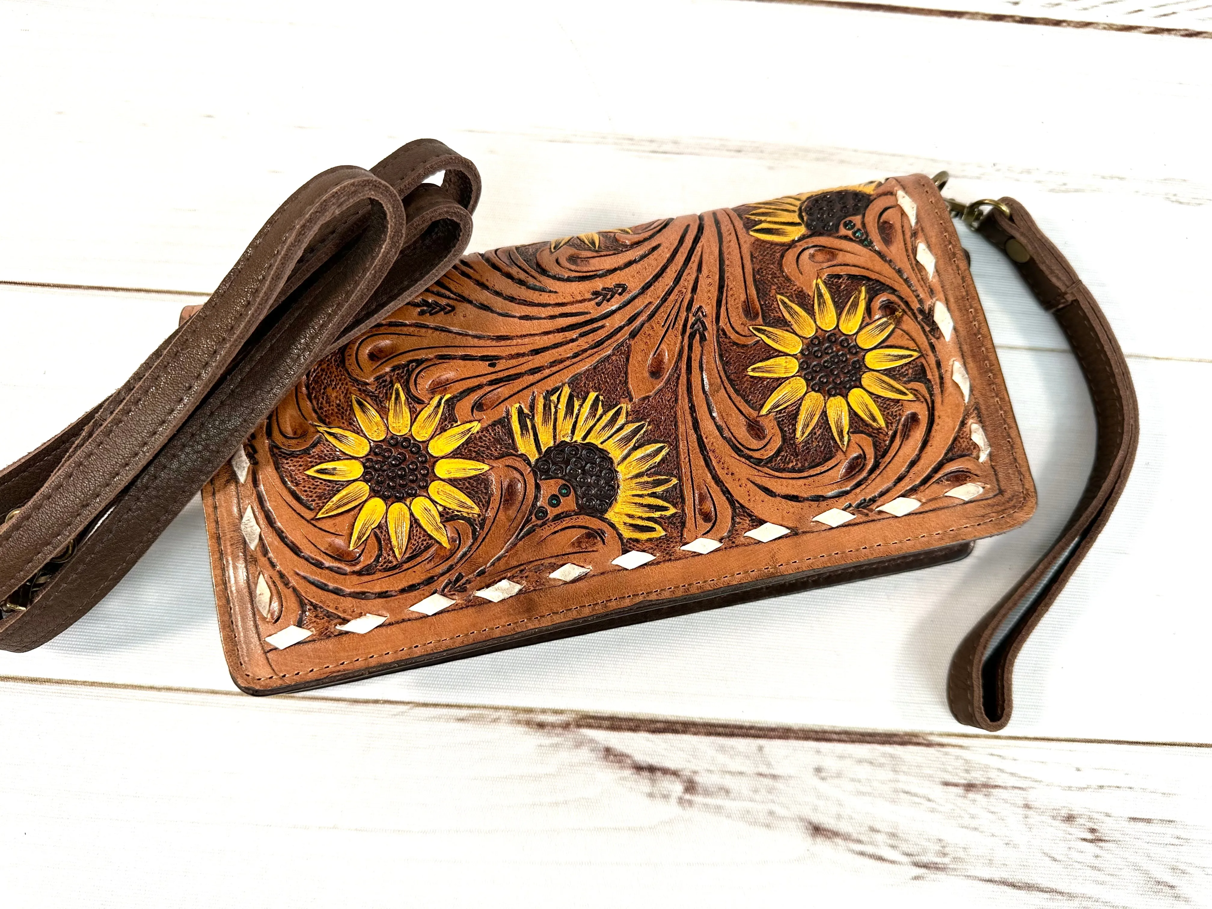 Sunflower Tooled and Painted Carryall Wallet