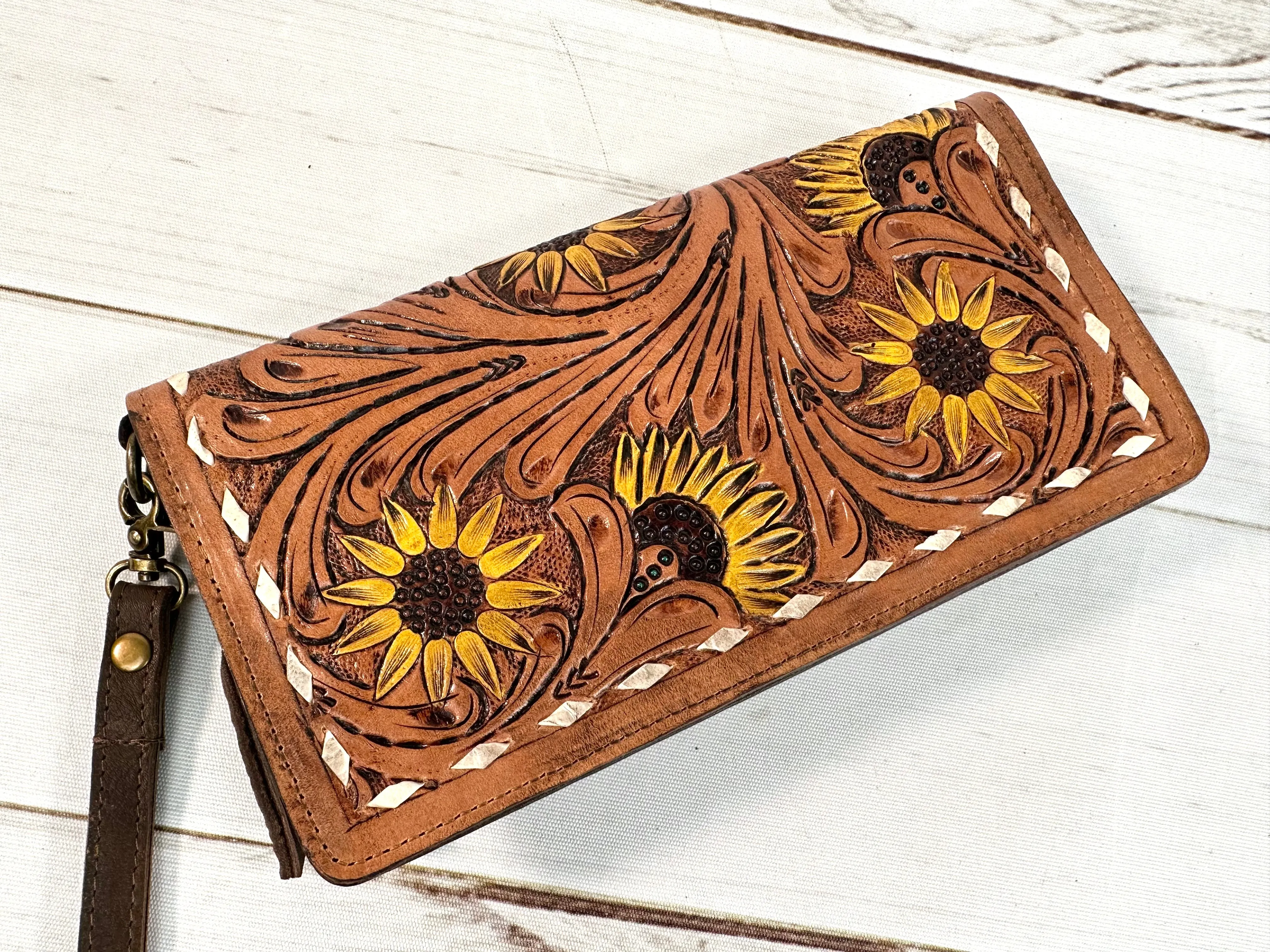 Sunflower Tooled and Painted Carryall Wallet