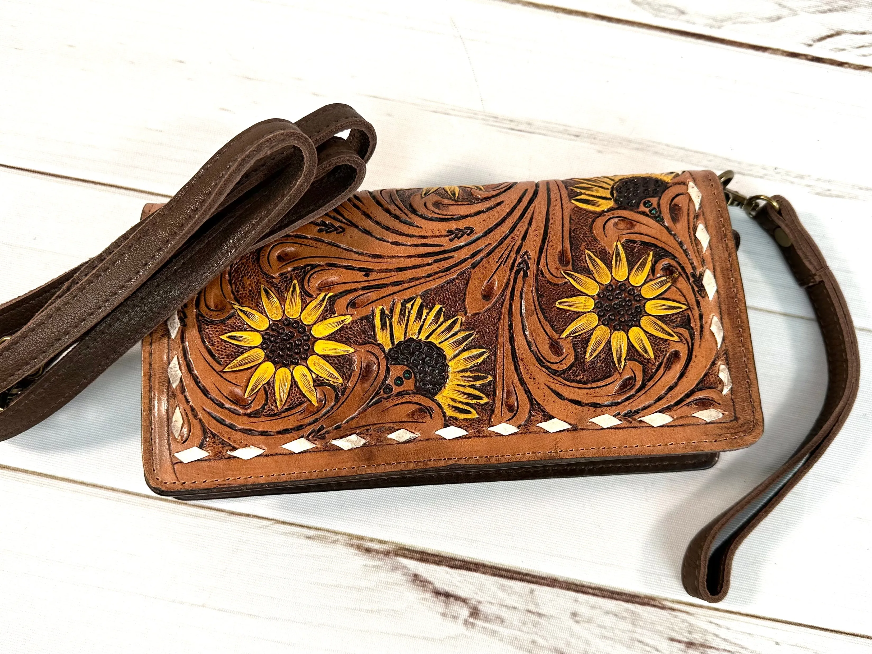 Sunflower Tooled and Painted Carryall Wallet