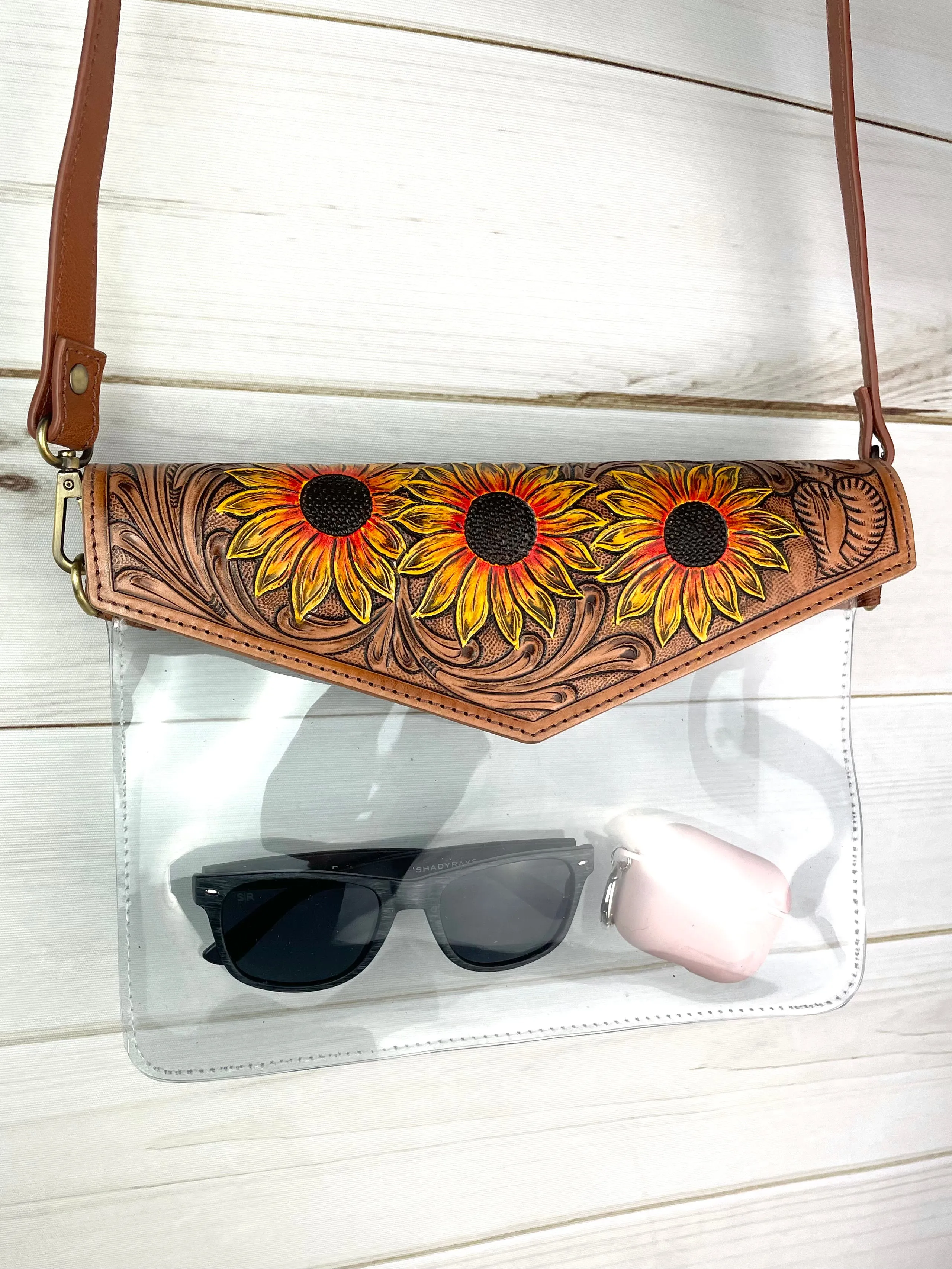 Sunflower Tooled Leather Flap Clear Bag