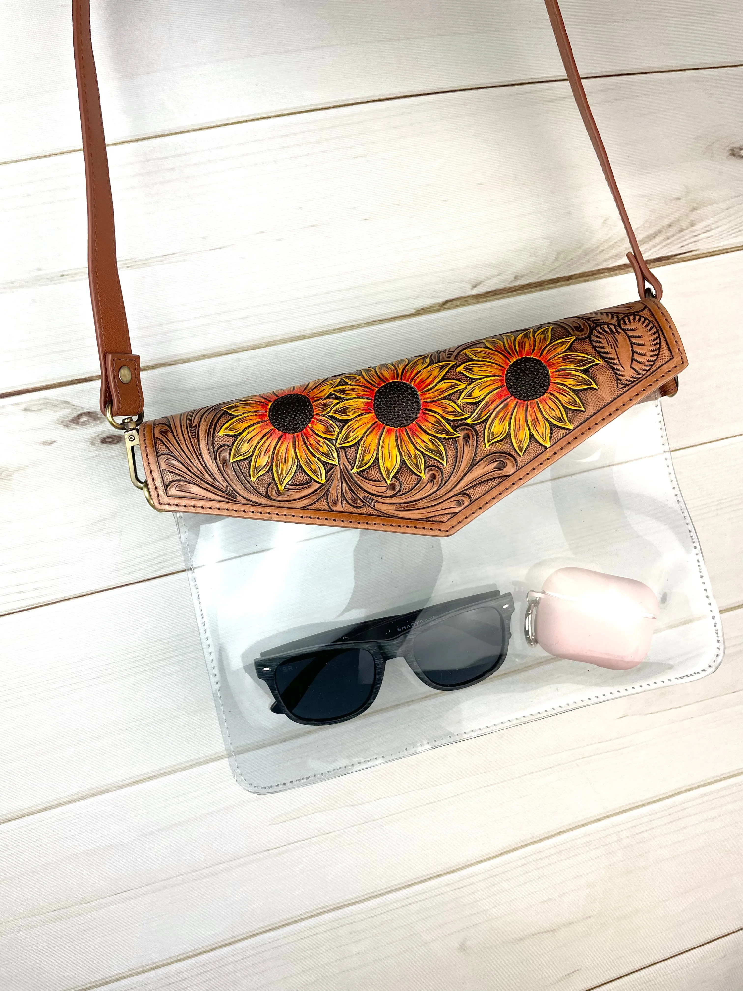 Sunflower Tooled Leather Flap Clear Bag