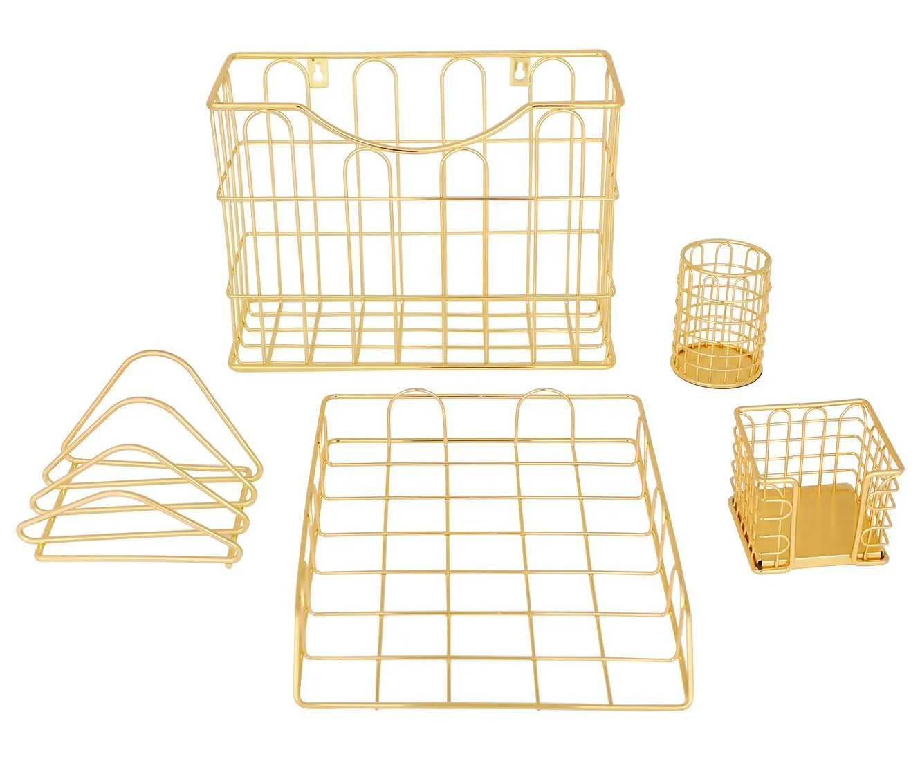 Superbpag Office 5 in 1 Desk Organizer Set Gold- Letter Sorter, Pencil Holder, Stick Note Holder, Hanging File Organizer and Letter Tray