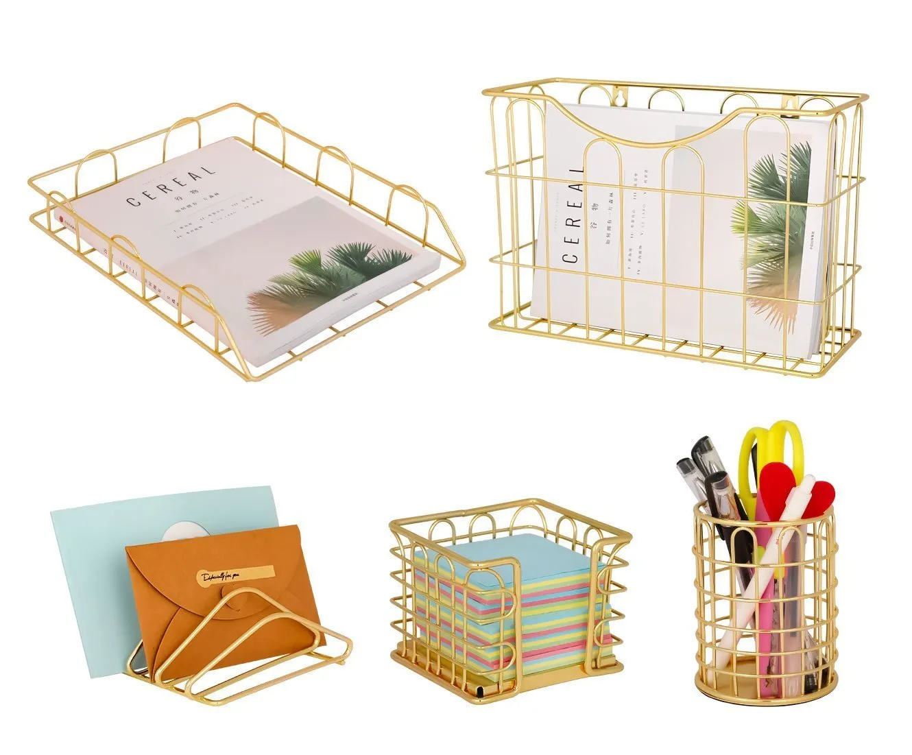 Superbpag Office 5 in 1 Desk Organizer Set Gold- Letter Sorter, Pencil Holder, Stick Note Holder, Hanging File Organizer and Letter Tray