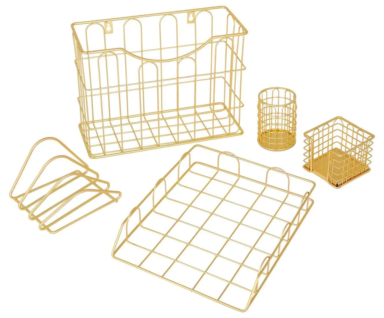 Superbpag Office 5 in 1 Desk Organizer Set Gold- Letter Sorter, Pencil Holder, Stick Note Holder, Hanging File Organizer and Letter Tray