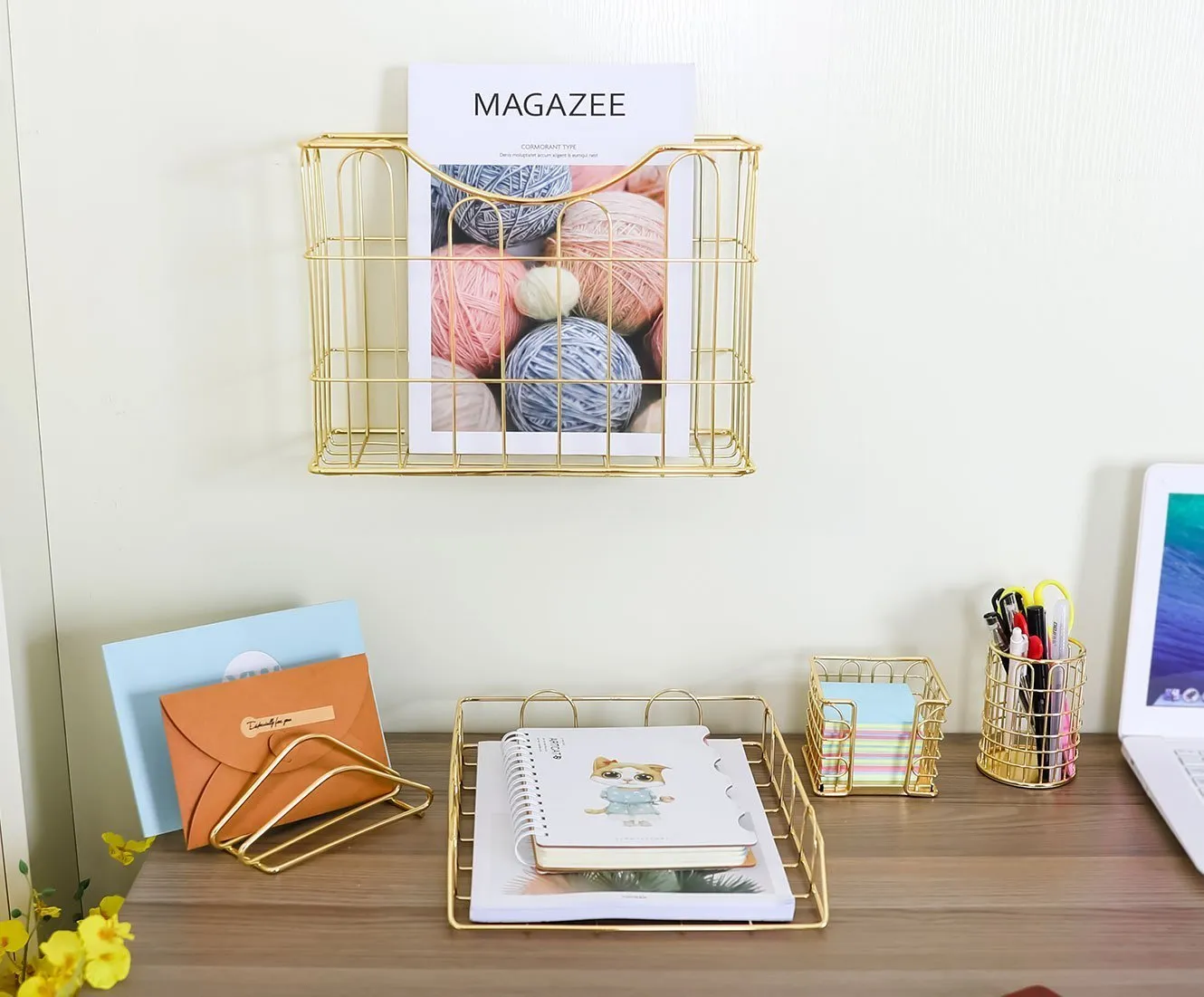 Superbpag Office 5 in 1 Desk Organizer Set Gold- Letter Sorter, Pencil Holder, Stick Note Holder, Hanging File Organizer and Letter Tray