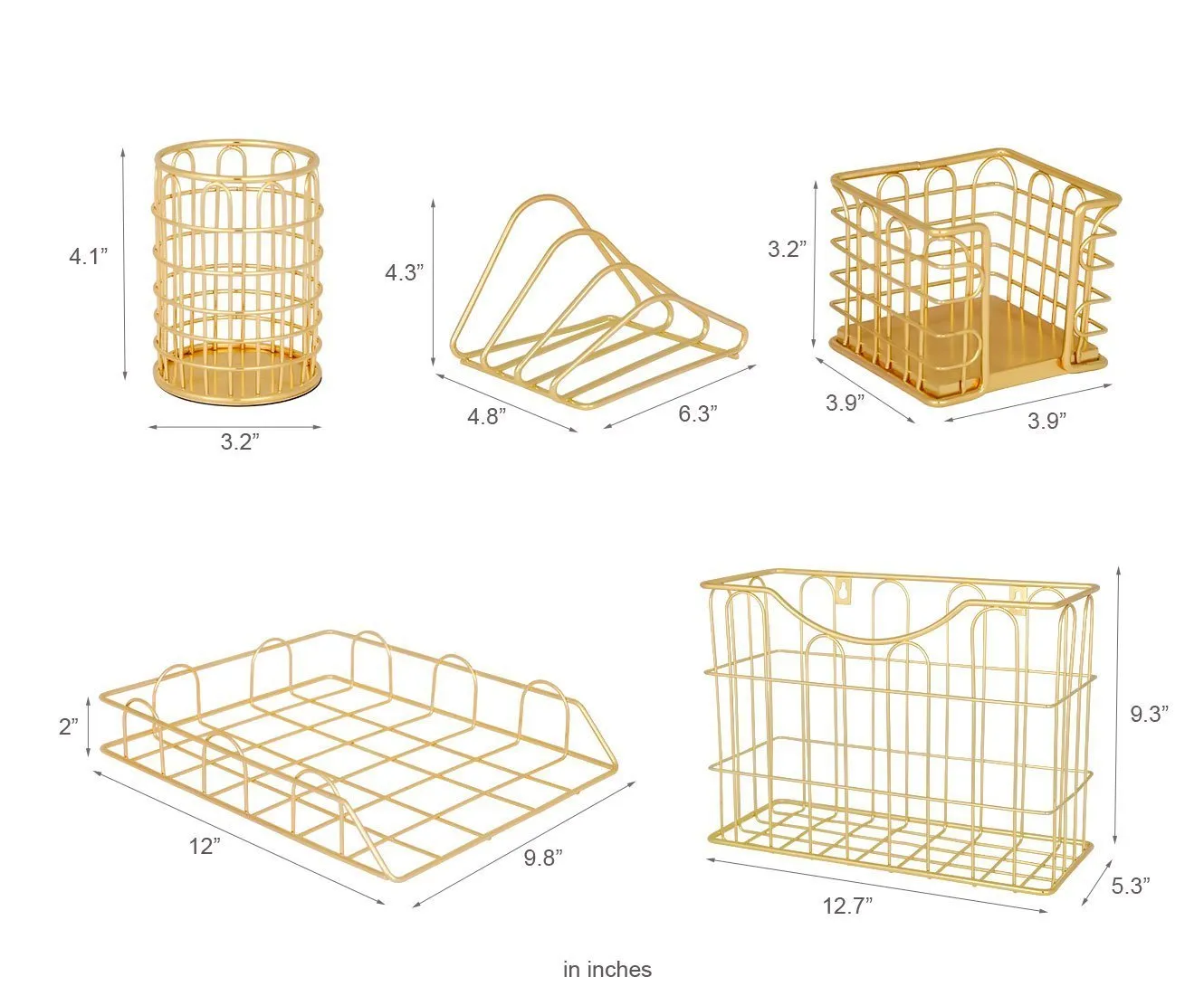 Superbpag Office 5 in 1 Desk Organizer Set Gold- Letter Sorter, Pencil Holder, Stick Note Holder, Hanging File Organizer and Letter Tray