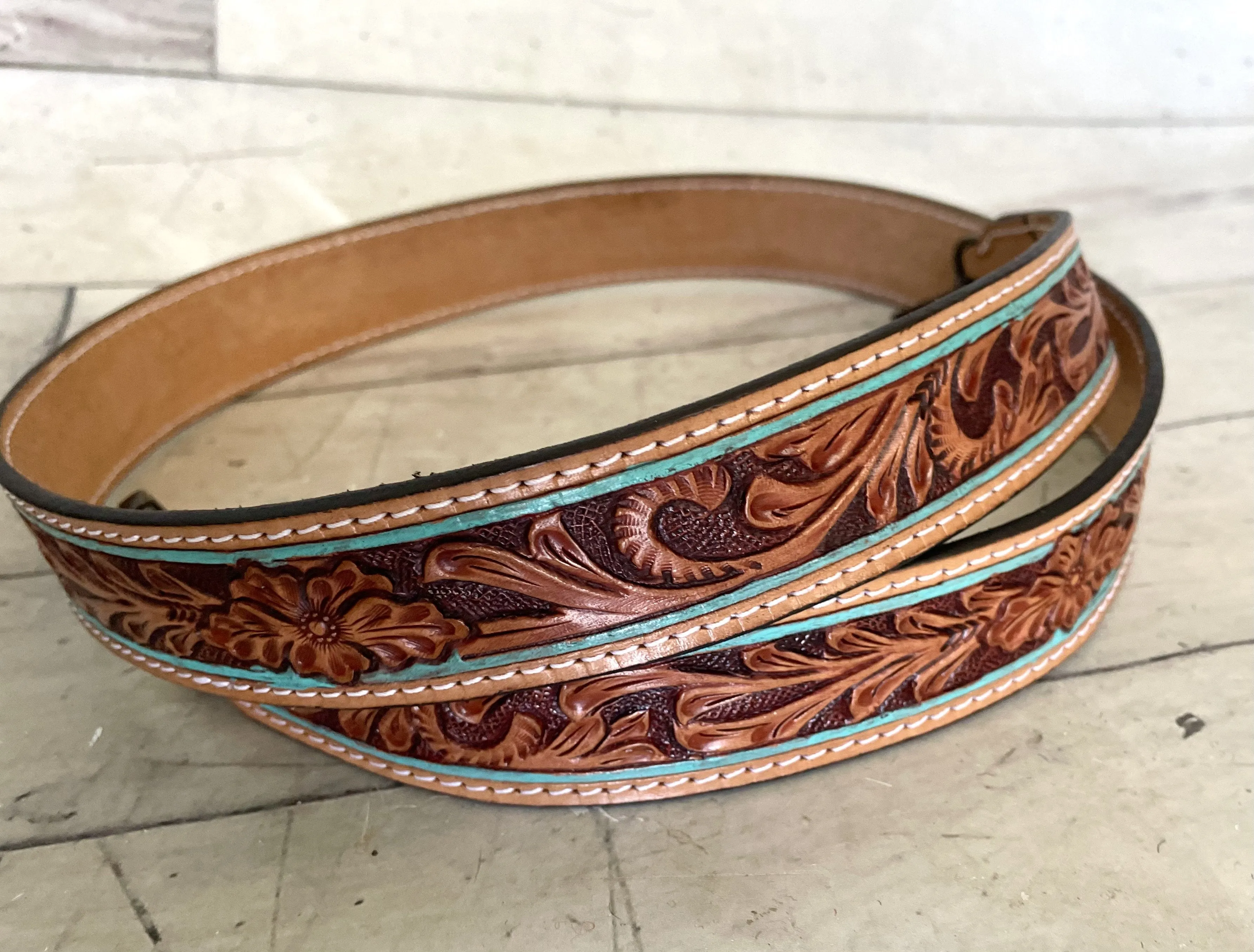 Teal Border Leather Tooled Handbag Strap