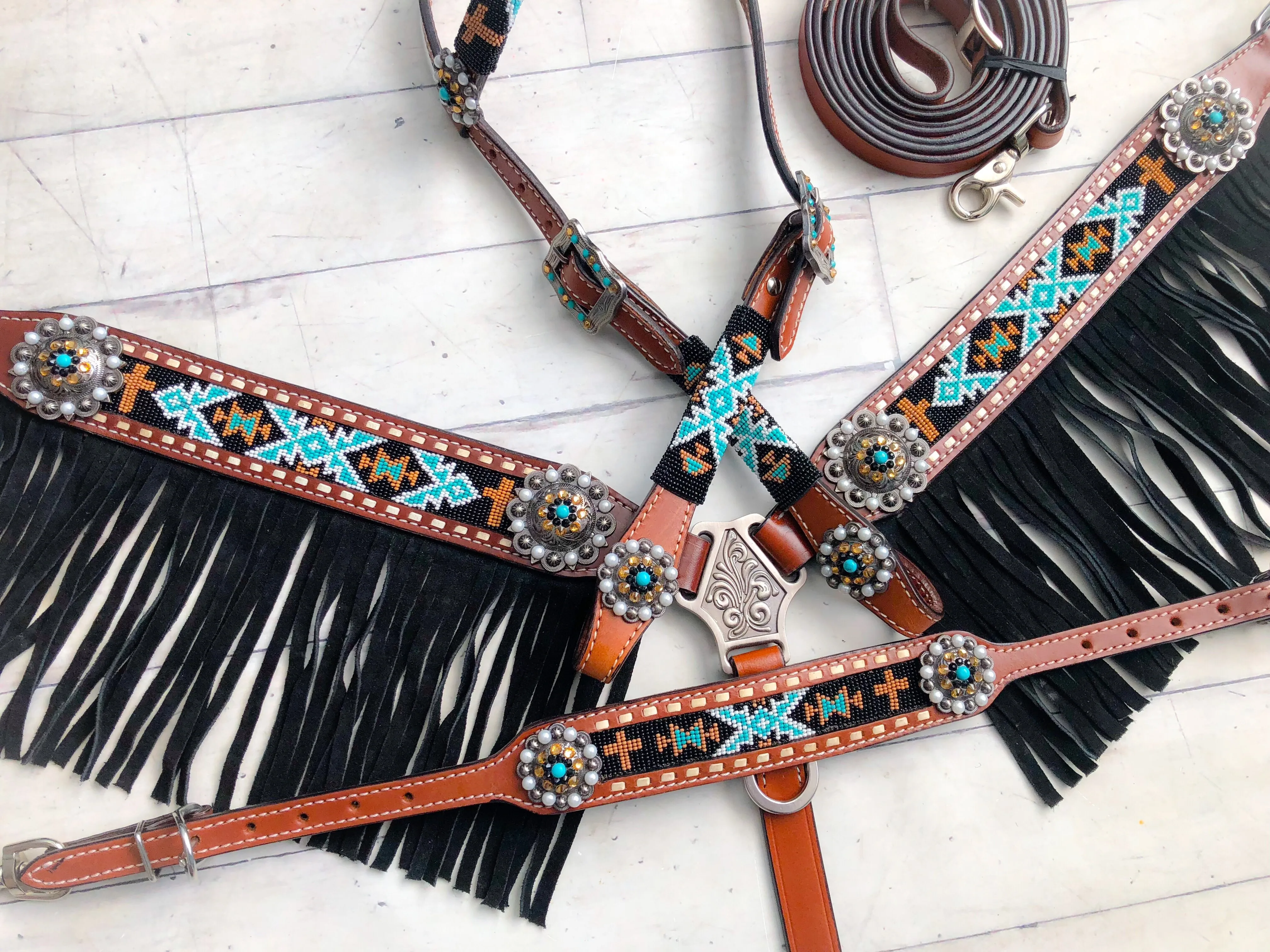 Teal Gold and Black Beaded Wither Strap