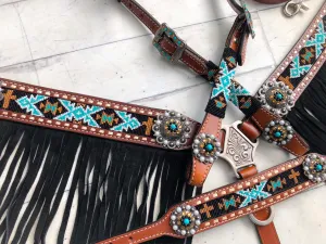 Teal Gold and Black Beaded Wither Strap