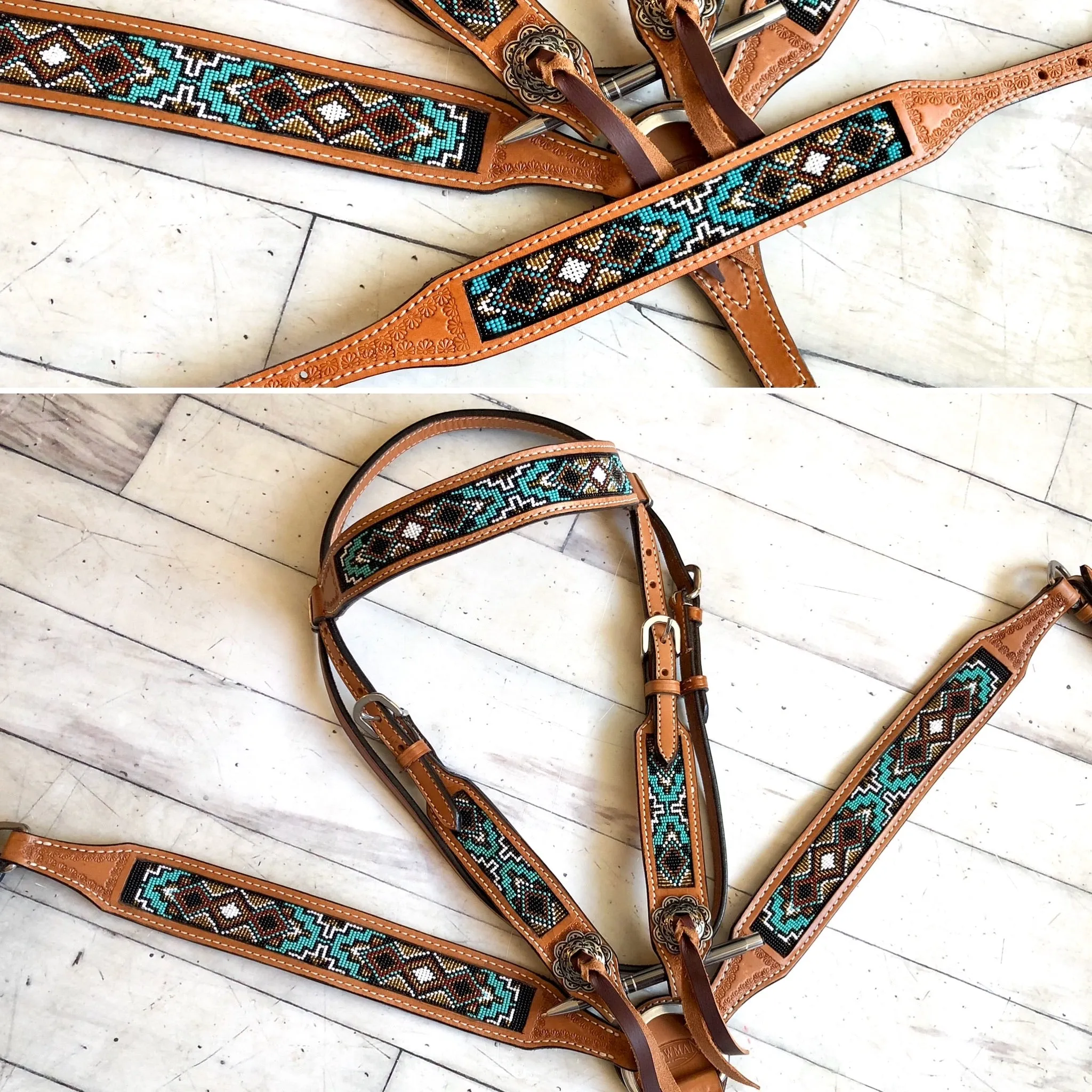 Teal / Mint and Bronze Beaded Inset Tack Set