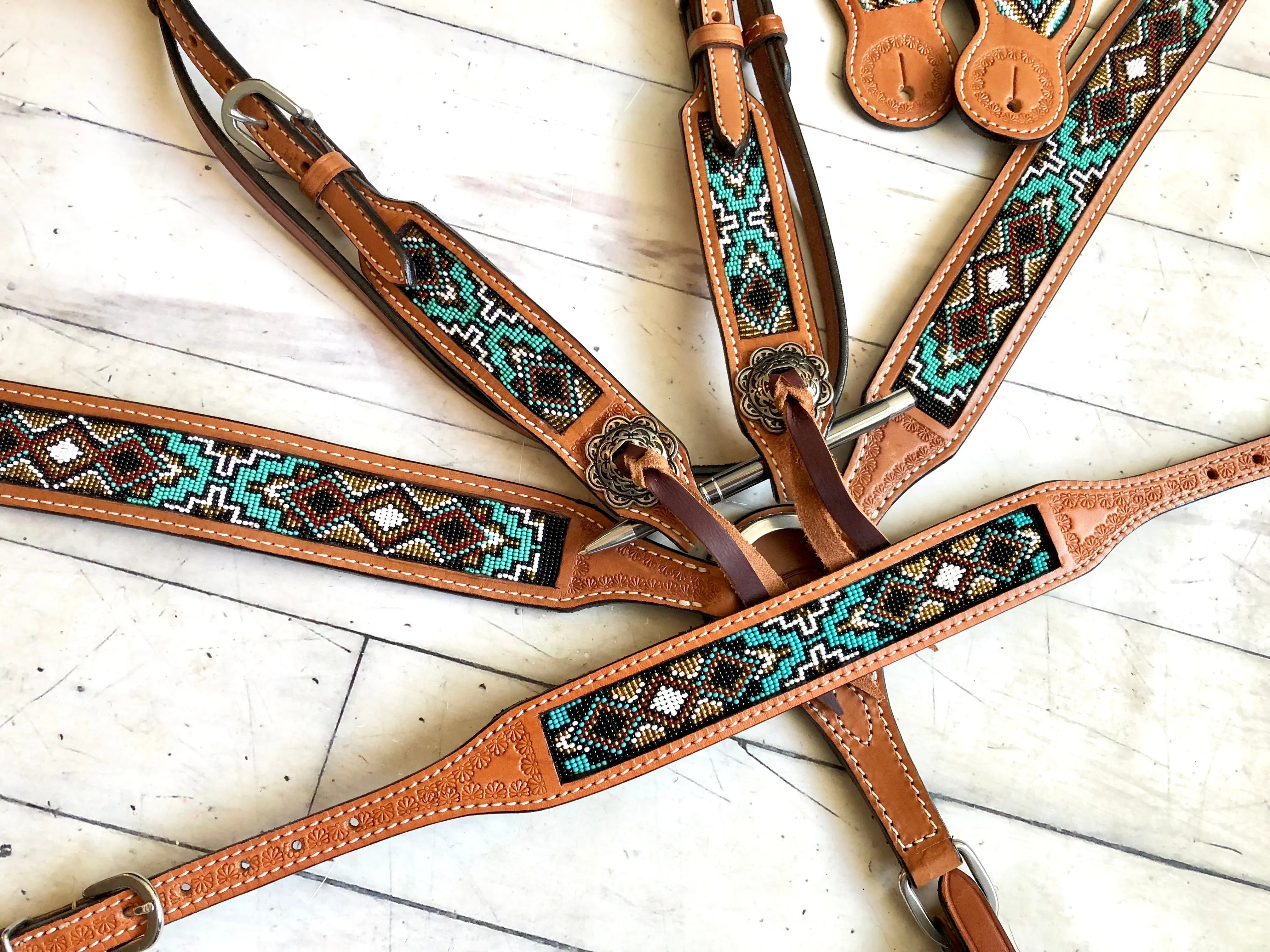 Teal / Mint and Bronze Beaded Inset Tack Set
