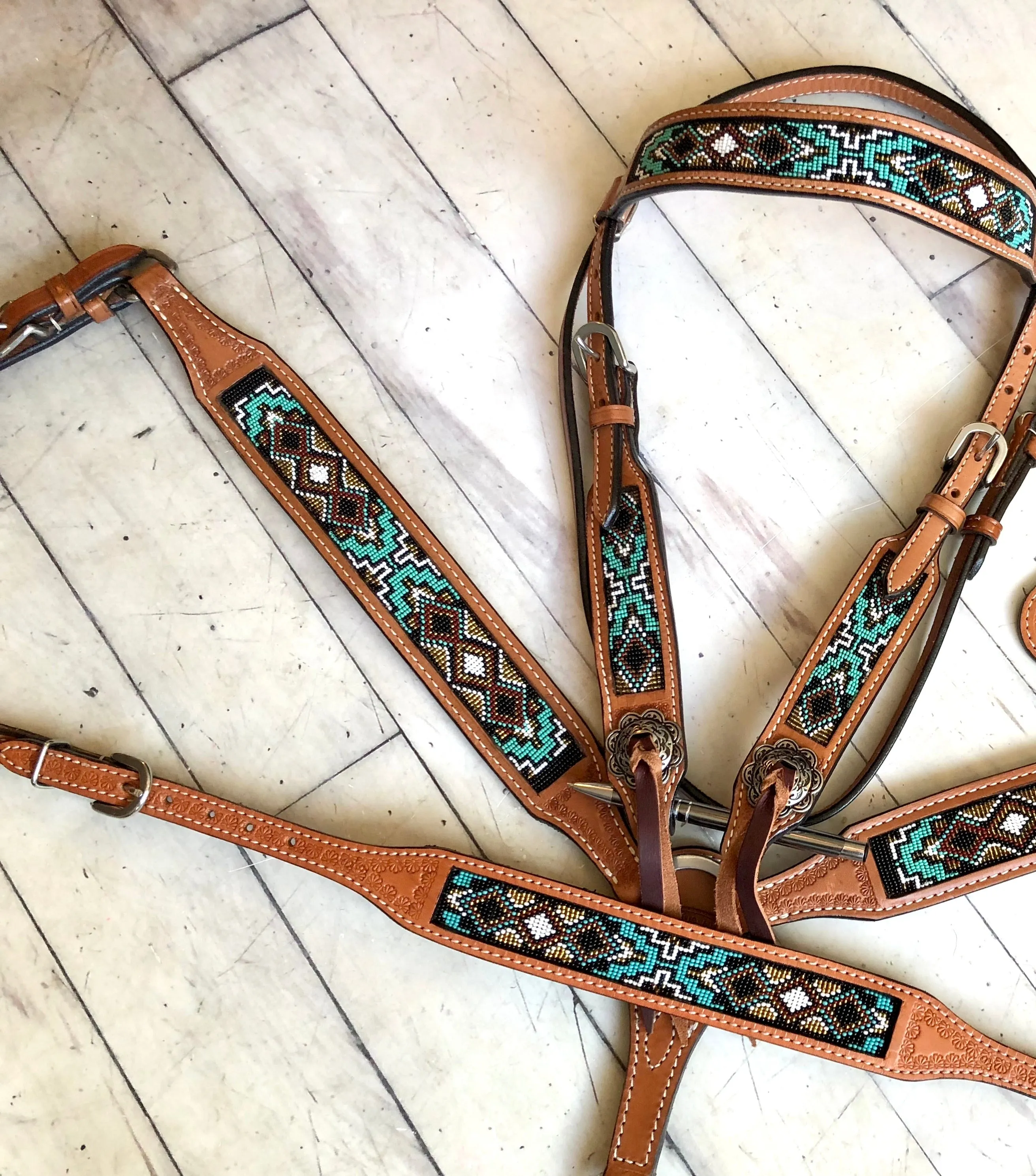 Teal / Mint and Bronze Beaded Inset Tack Set