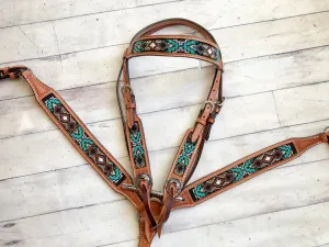 Teal / Mint and Bronze Beaded Inset Tack Set