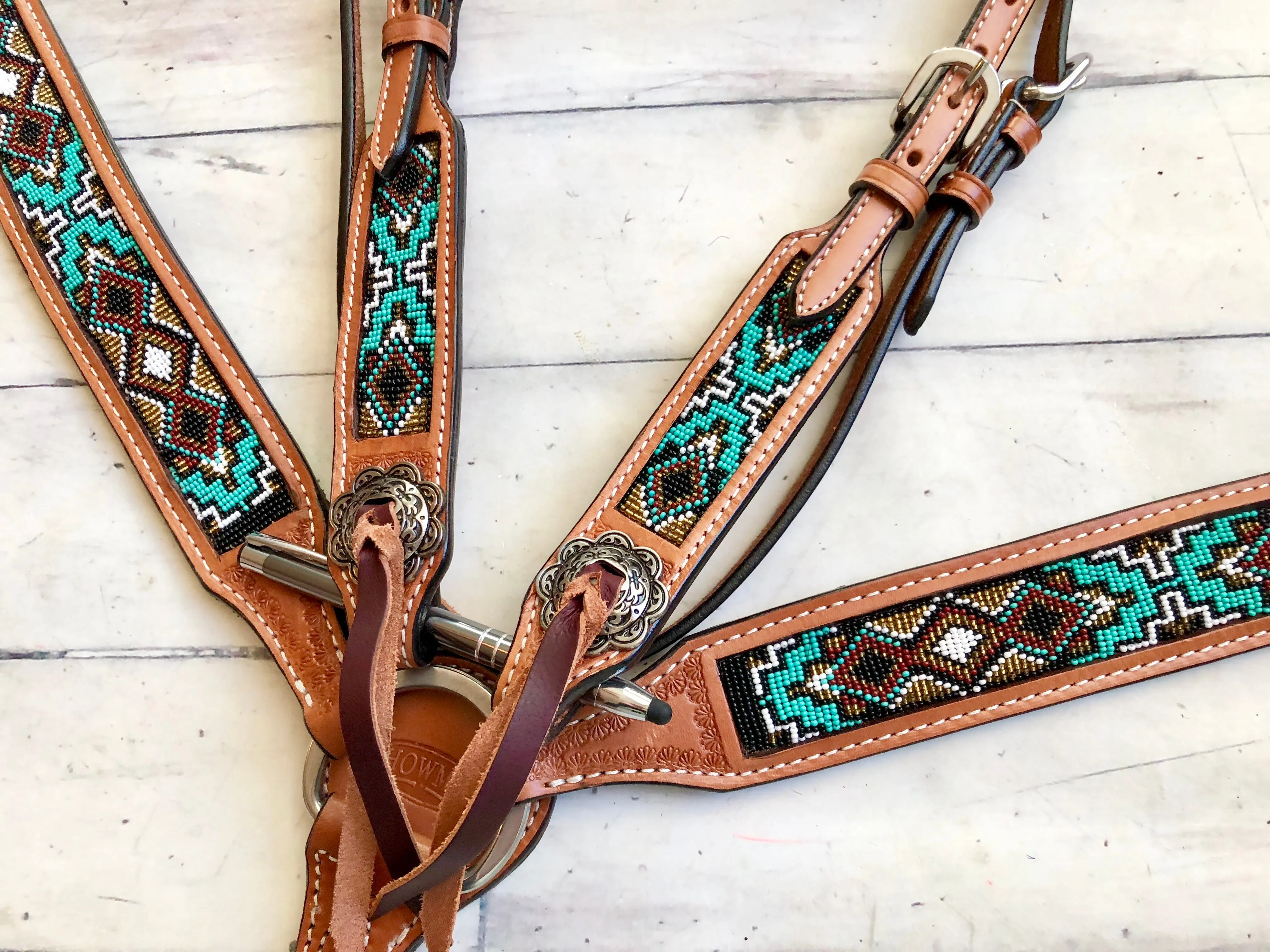 Teal / Mint and Bronze Beaded Inset Tack Set