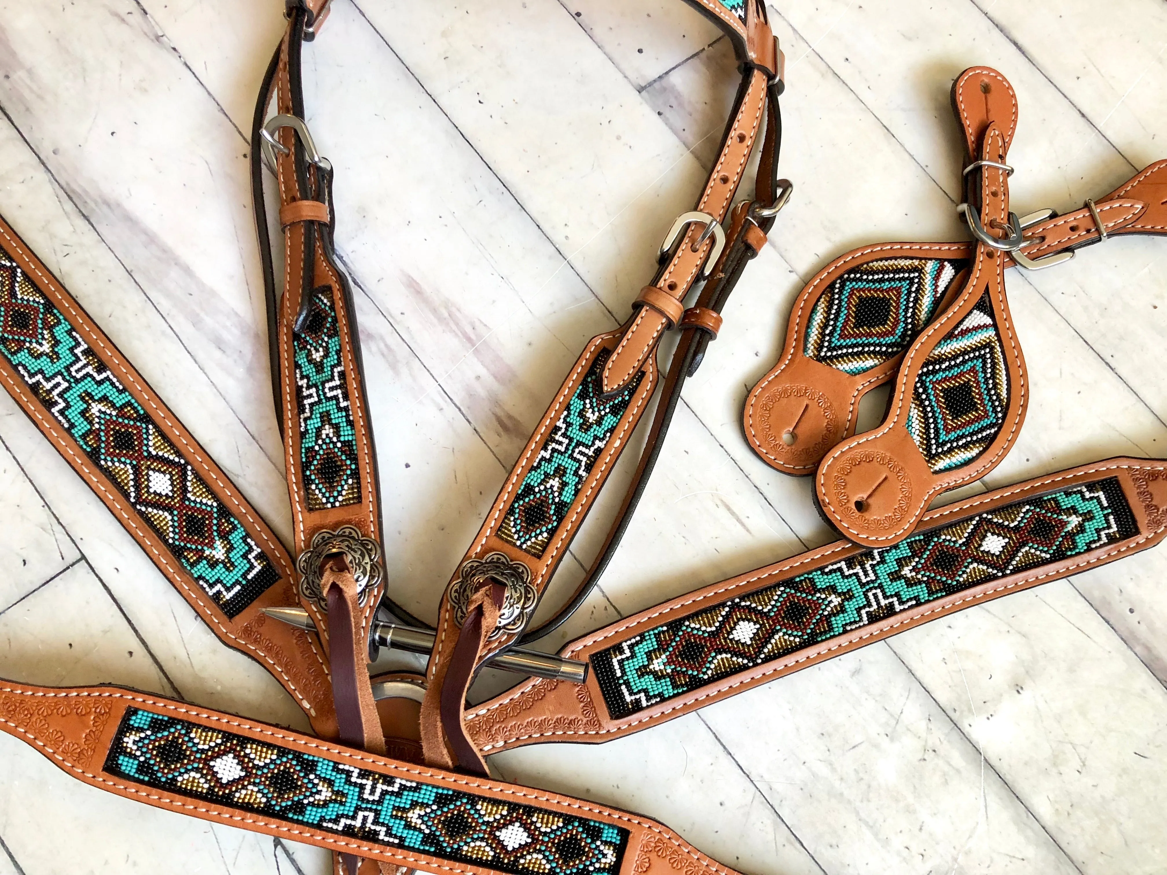 Teal / Mint and Bronze Beaded Inset Tack Set