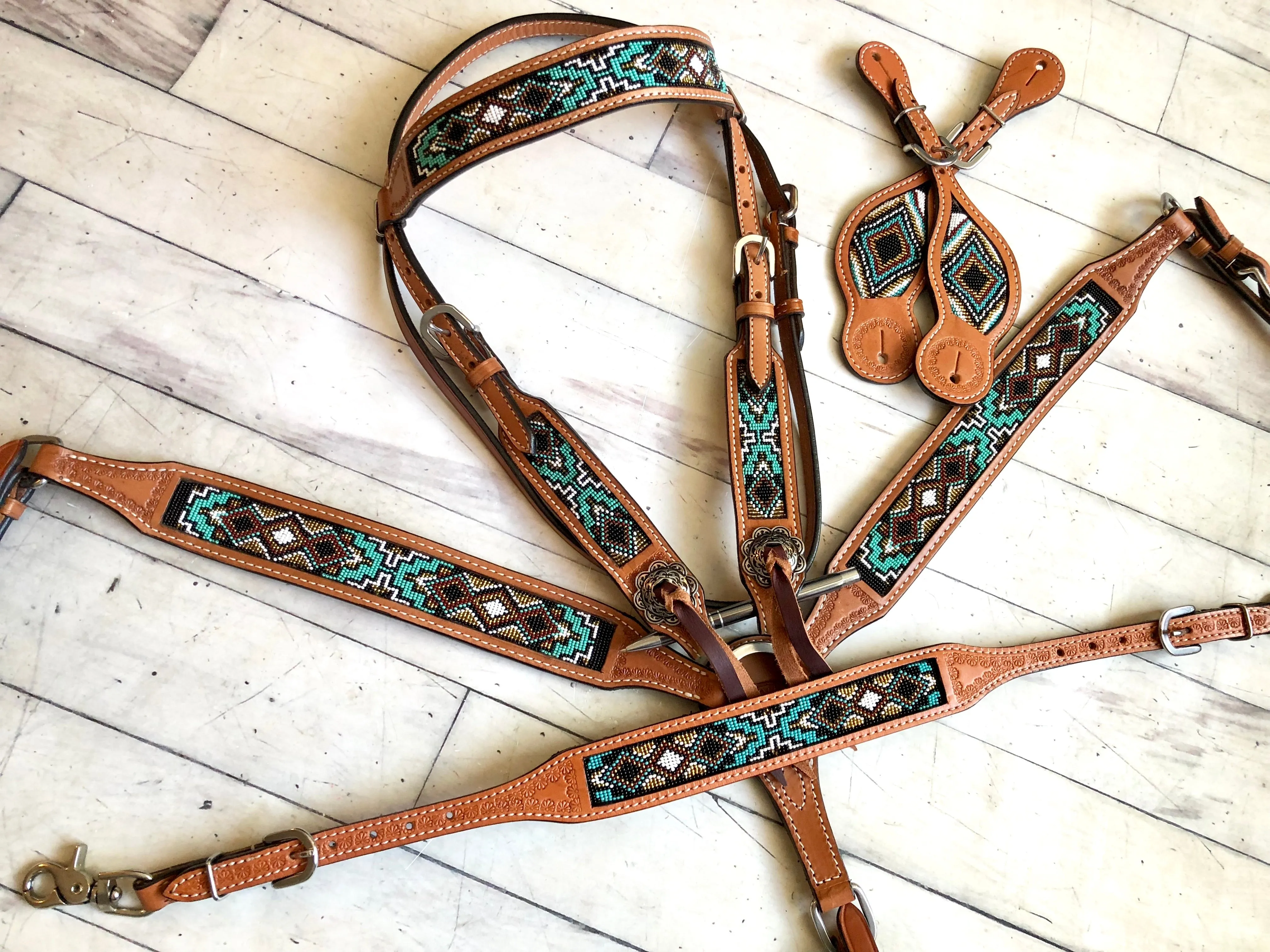 Teal / Mint and Bronze Beaded Inset Tack Set