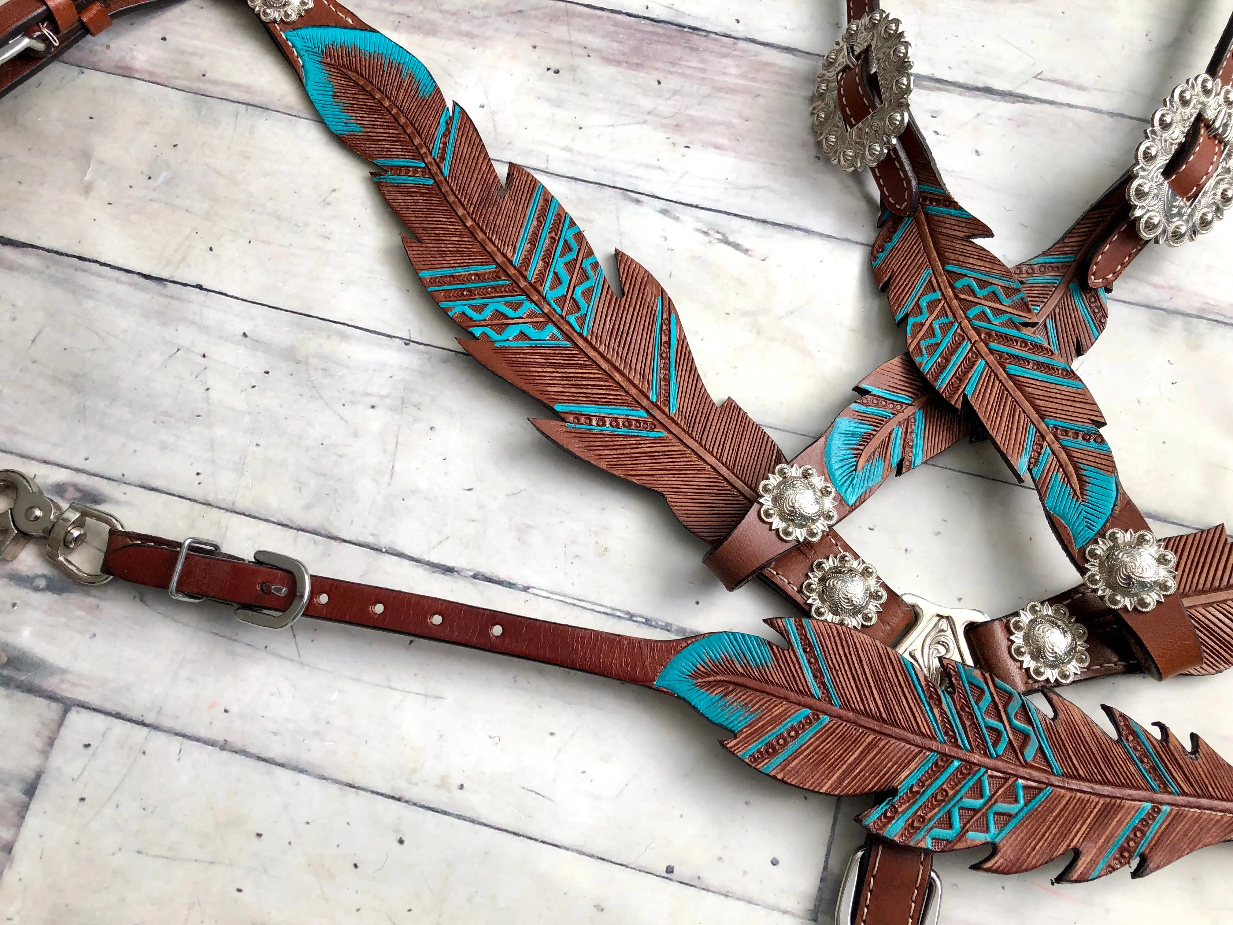 Teal Painted Feather Wither Strap